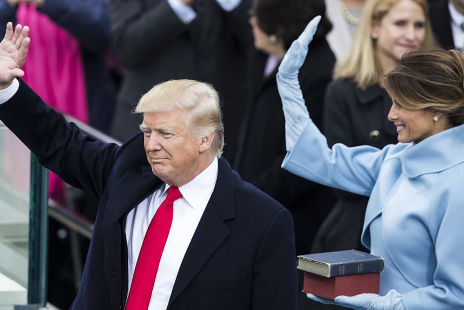 <p>President Donald Trump and First Lady Melania Trump wave to the crowds during the 58th U.S. Presidential Inauguration. </p>
