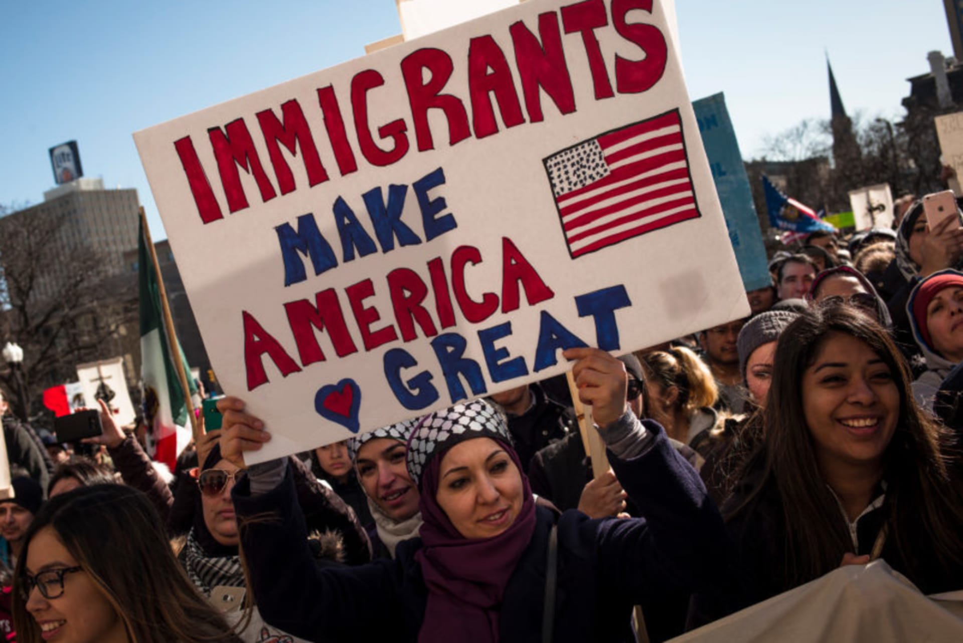 <p>Protestors gather at a rally against President Donald J. Trump’s policy on immigration on February 13, 2017 in Milwaukee, Wisconsin.</p>
