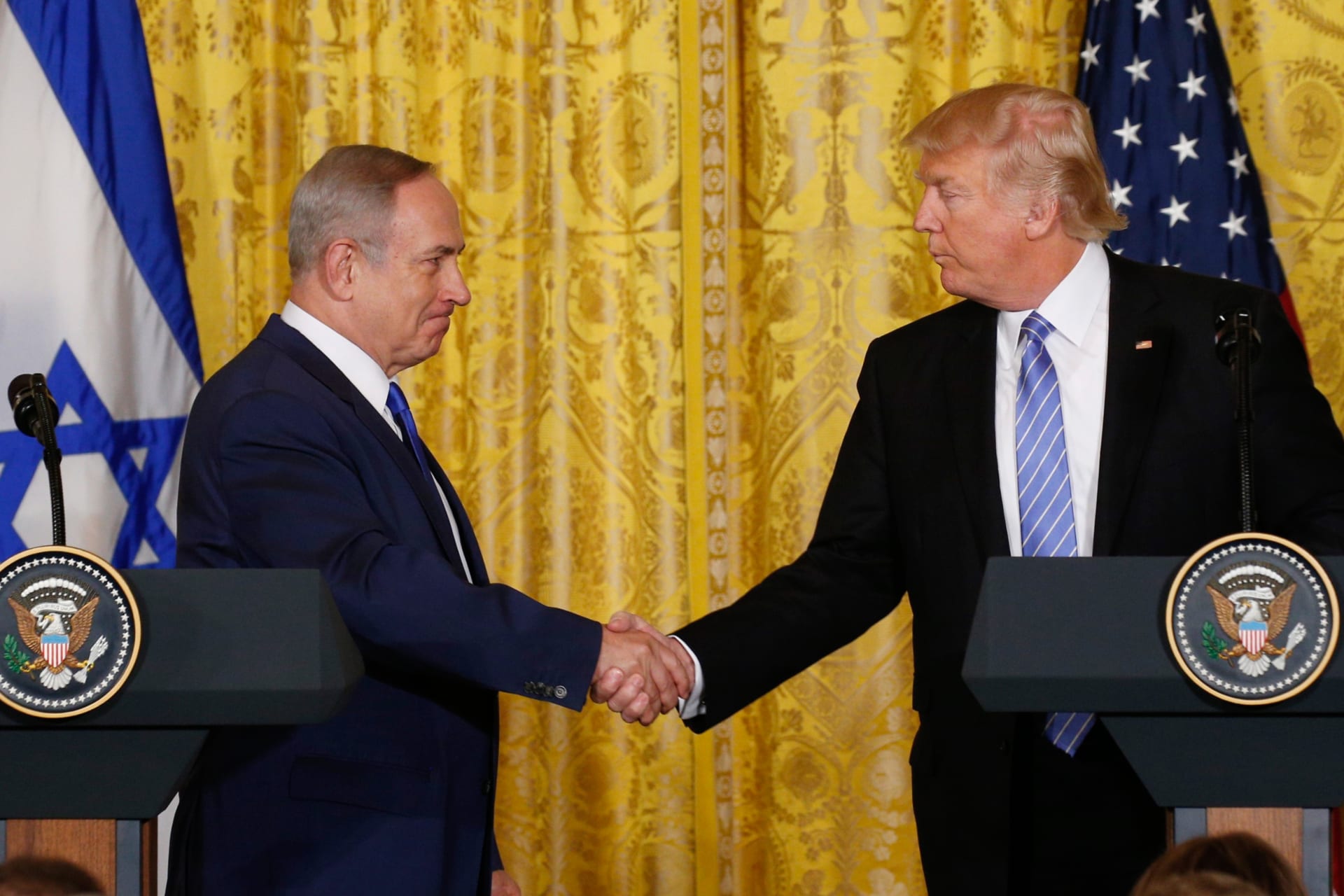 <p>U.S. President Trump greets Israeli Prime Minister Netanyahu after a joint news conference at the White House.</p>
