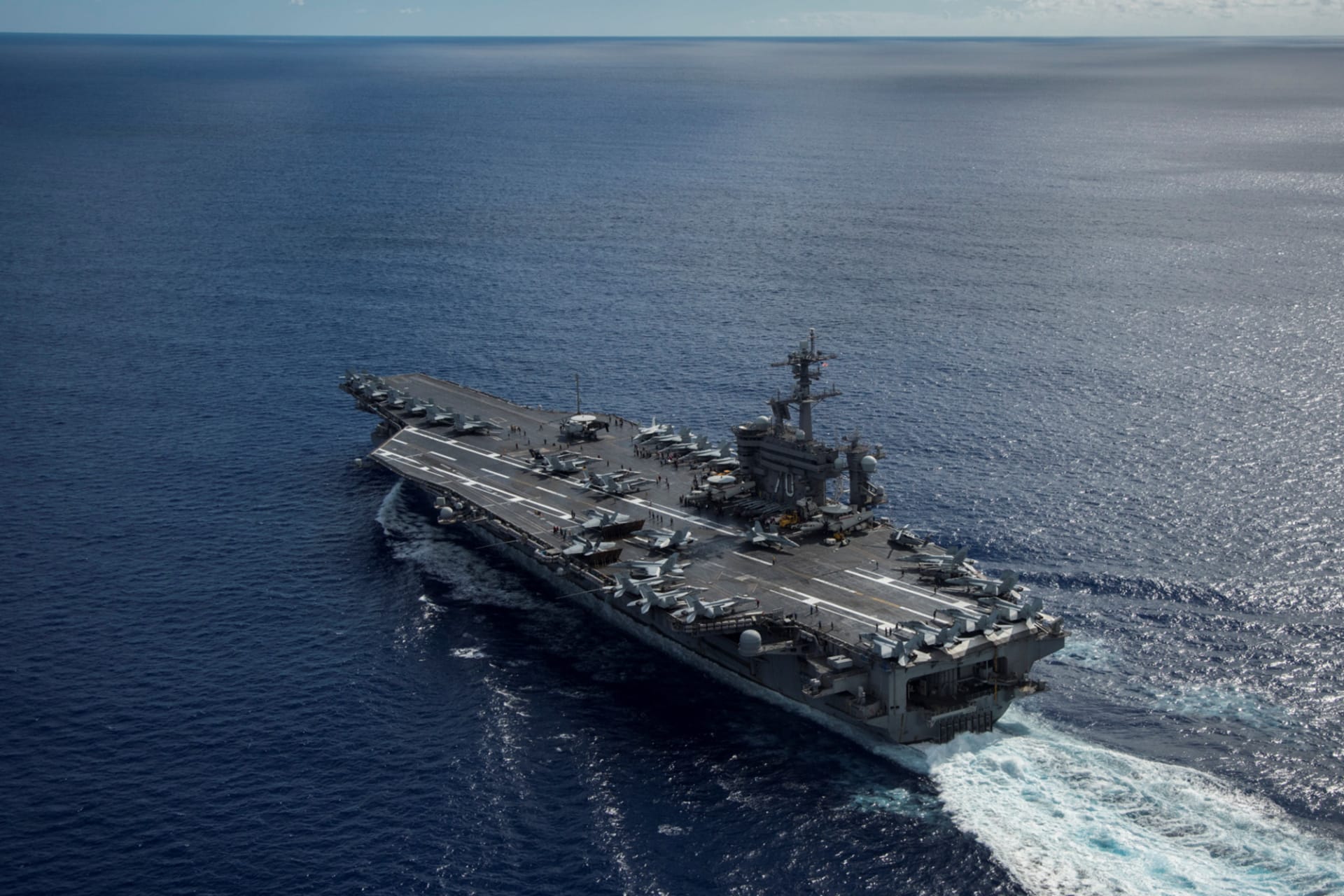 <p>The U.S. Navy aircraft carrier USS Carl Vinson transits the Philippine Sea during a bilateral exercise with the Japan Maritime Self-Defense Force.</p>
