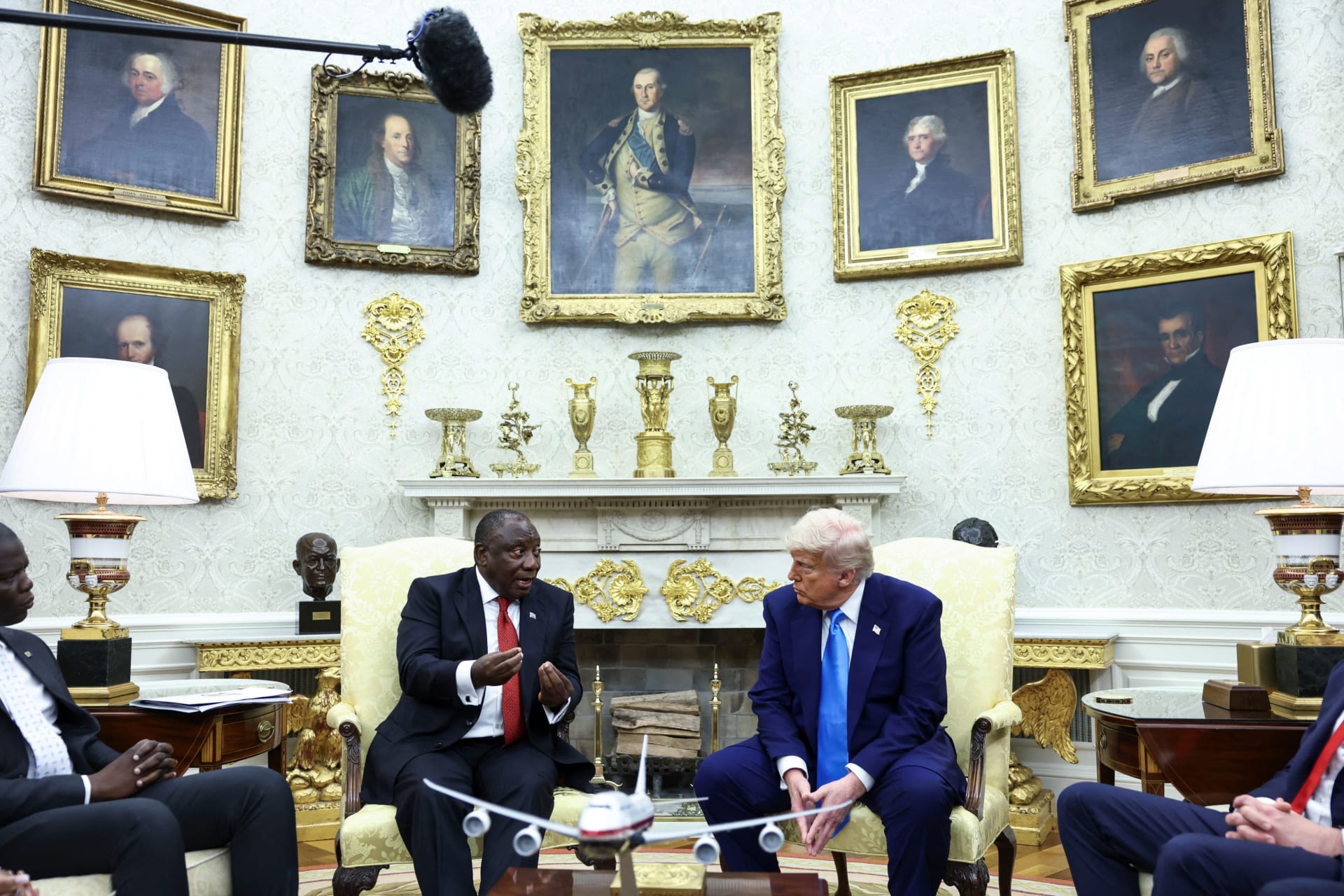 <p>U.S. President Donald Trump meets South African President Cyril Ramaphosa in the Oval Office on May 21, 2025. </p>