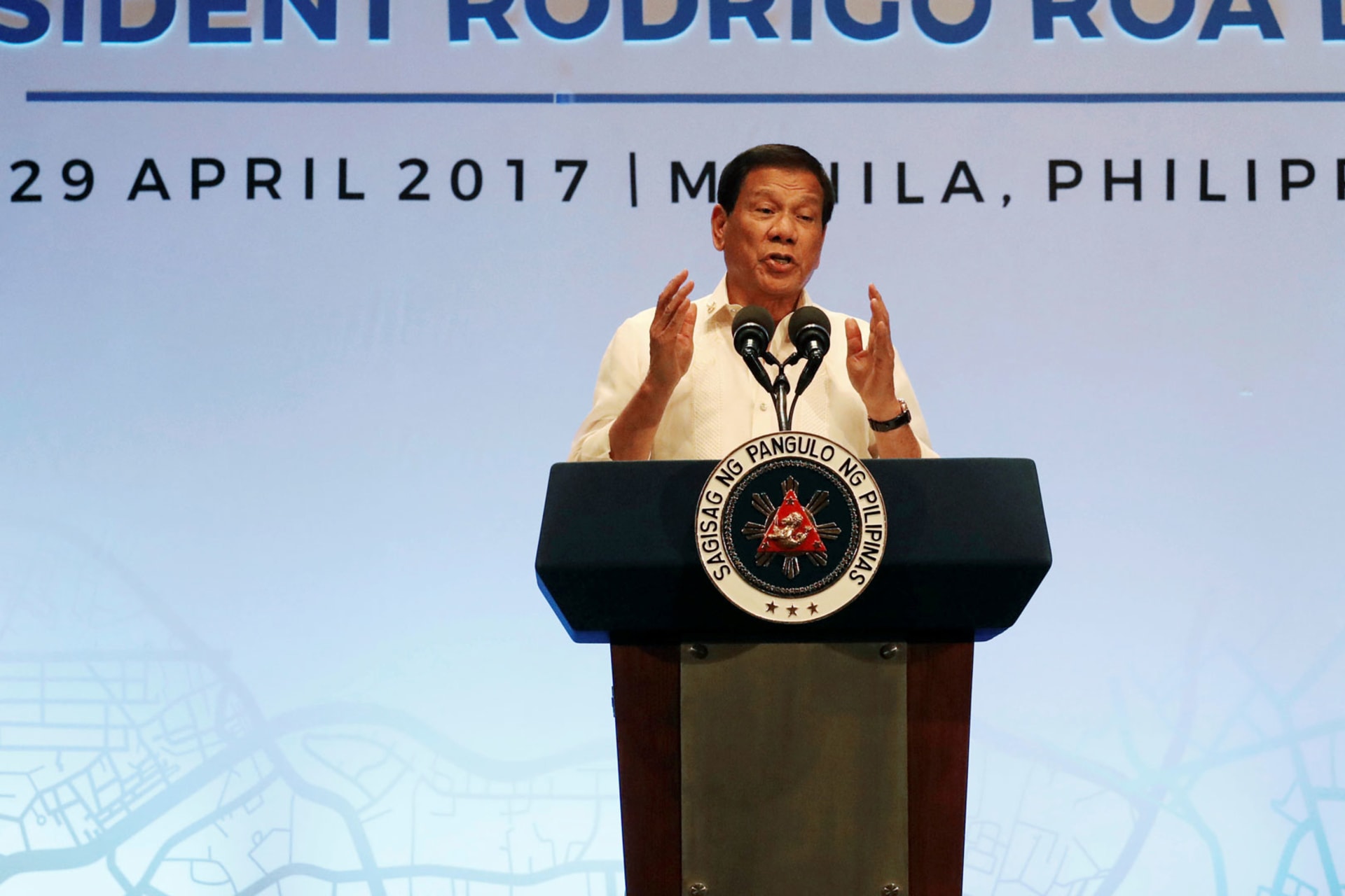 <p>Philippine president Rodrigo Duterte speaks during a press conference in Manila, Philippines on April 29, 2017.</p>
