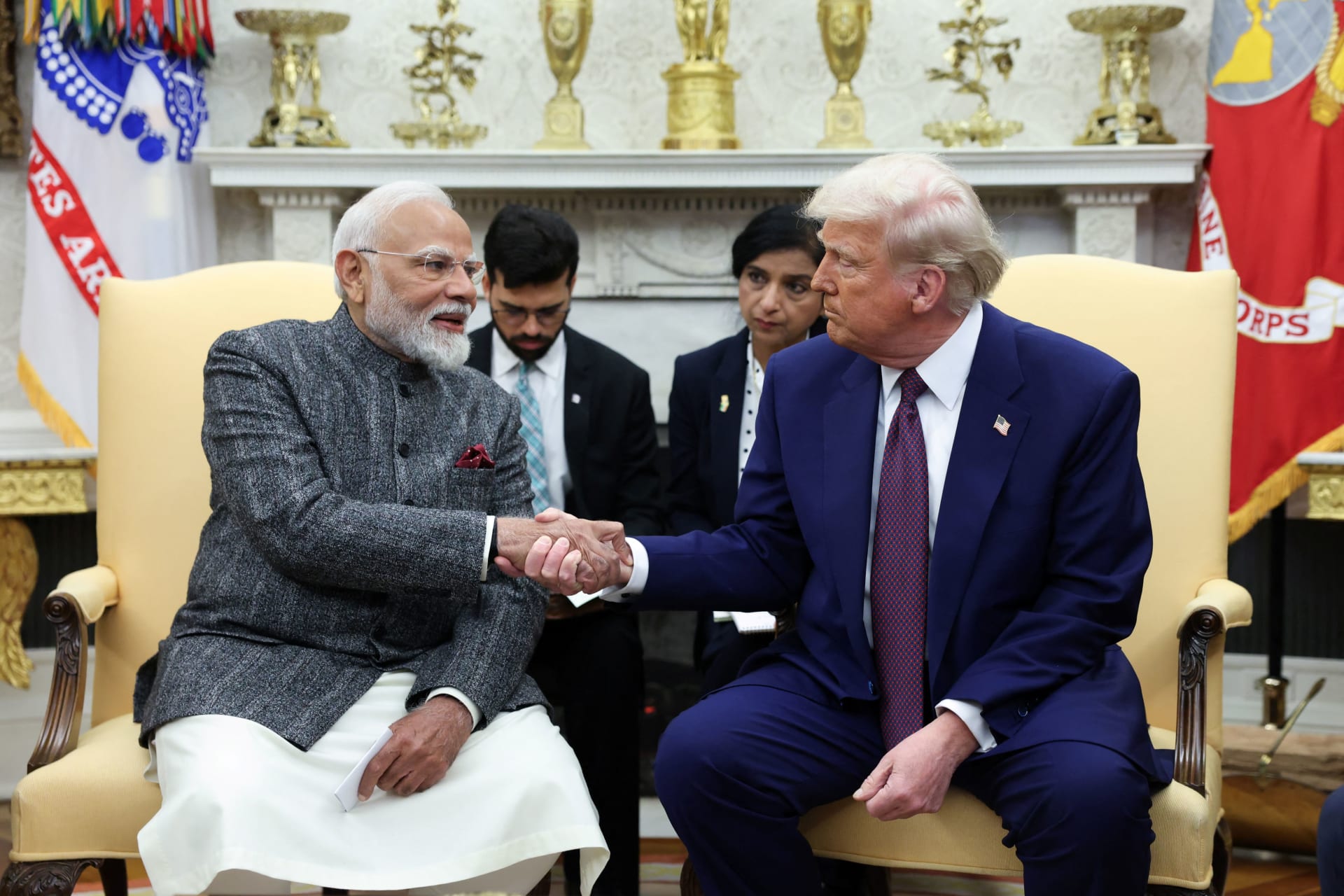<p>U.S. President Donald Trump and Indian Prime Minister Narendra Modi shake hands at the White House on February 13, 2025.</p>

