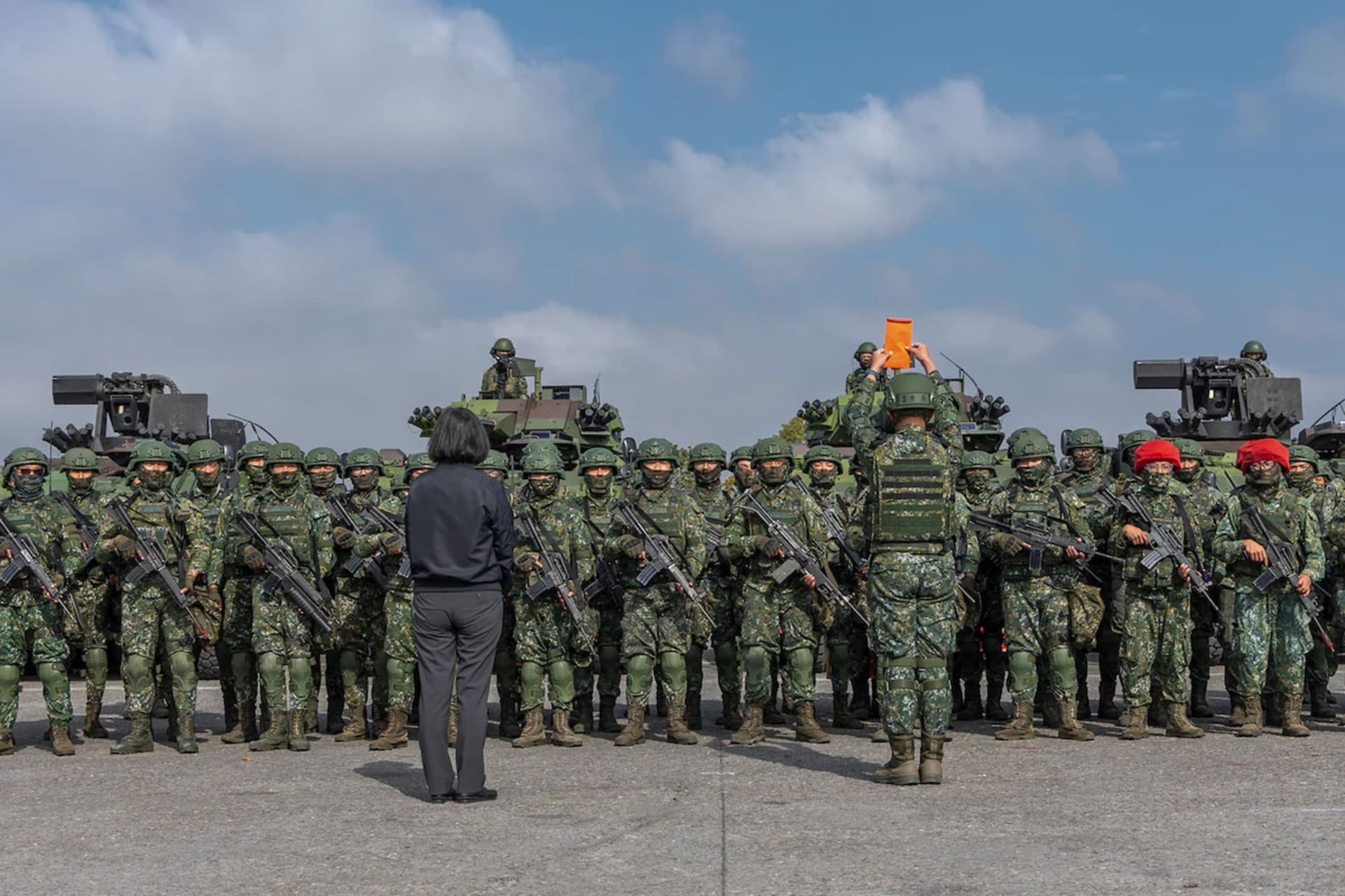 <p>Taiwanese President Tsai Ing-wen, foreground left, meets with soldiers at a military base in Chiayi, Taiwan, on Friday. </p>
