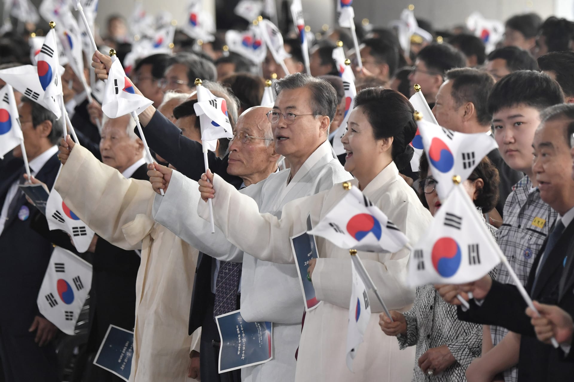 <p>South Korean President Moon Jae-in and his wife Kim Jung-sook at a ceremony to mark the 74th anniversary of Korea’s liberation from Japan’s 1910-45 rule, at the Independence Hall of Korea in Cheonan on August 15, 2019.</p>