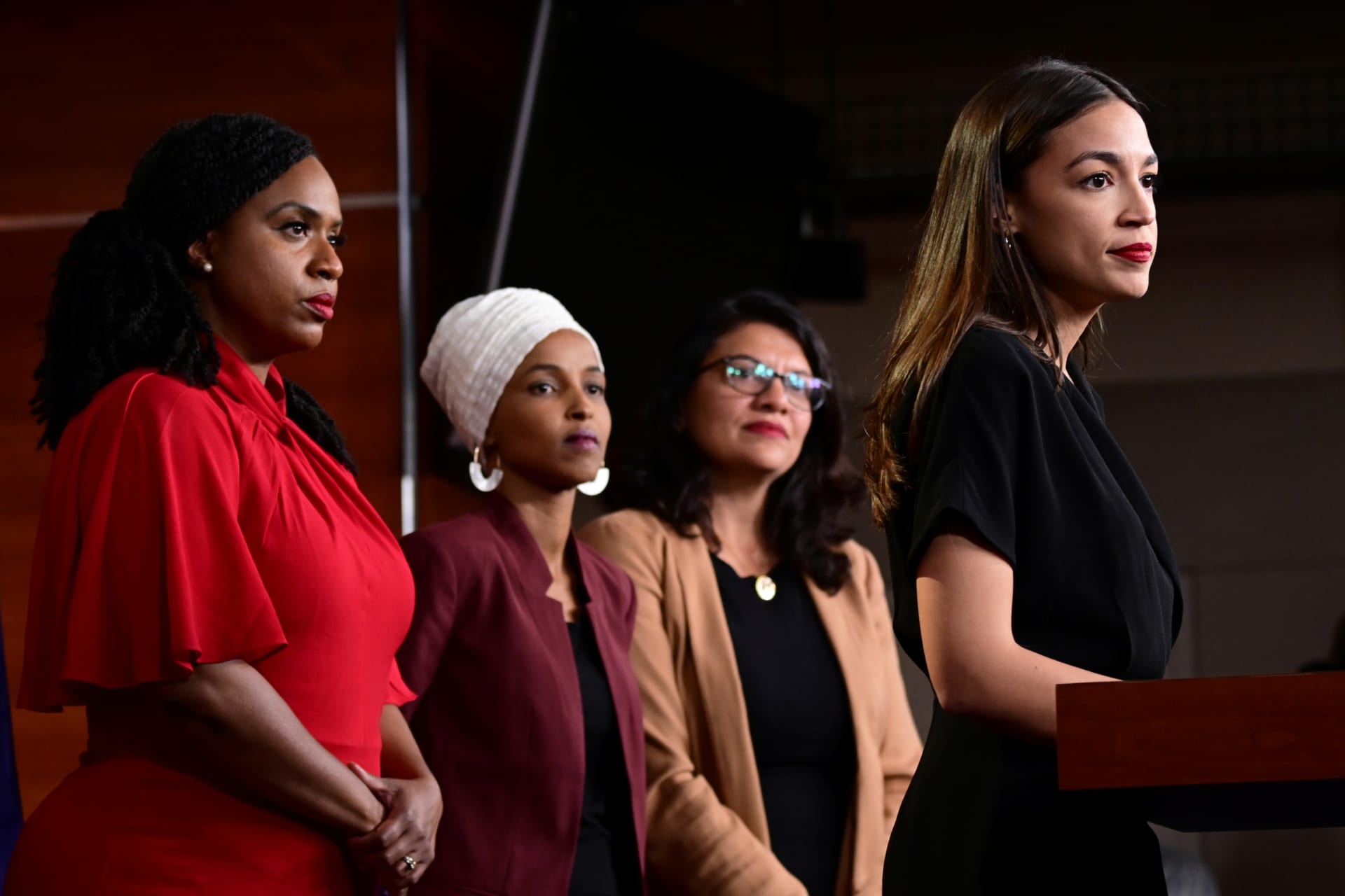 <p>Representatives Ayanna Pressley, Ilhan Omar, Rashida Tlaib, and Alexandria Ocasio-Cortez at a news conference.</p>
