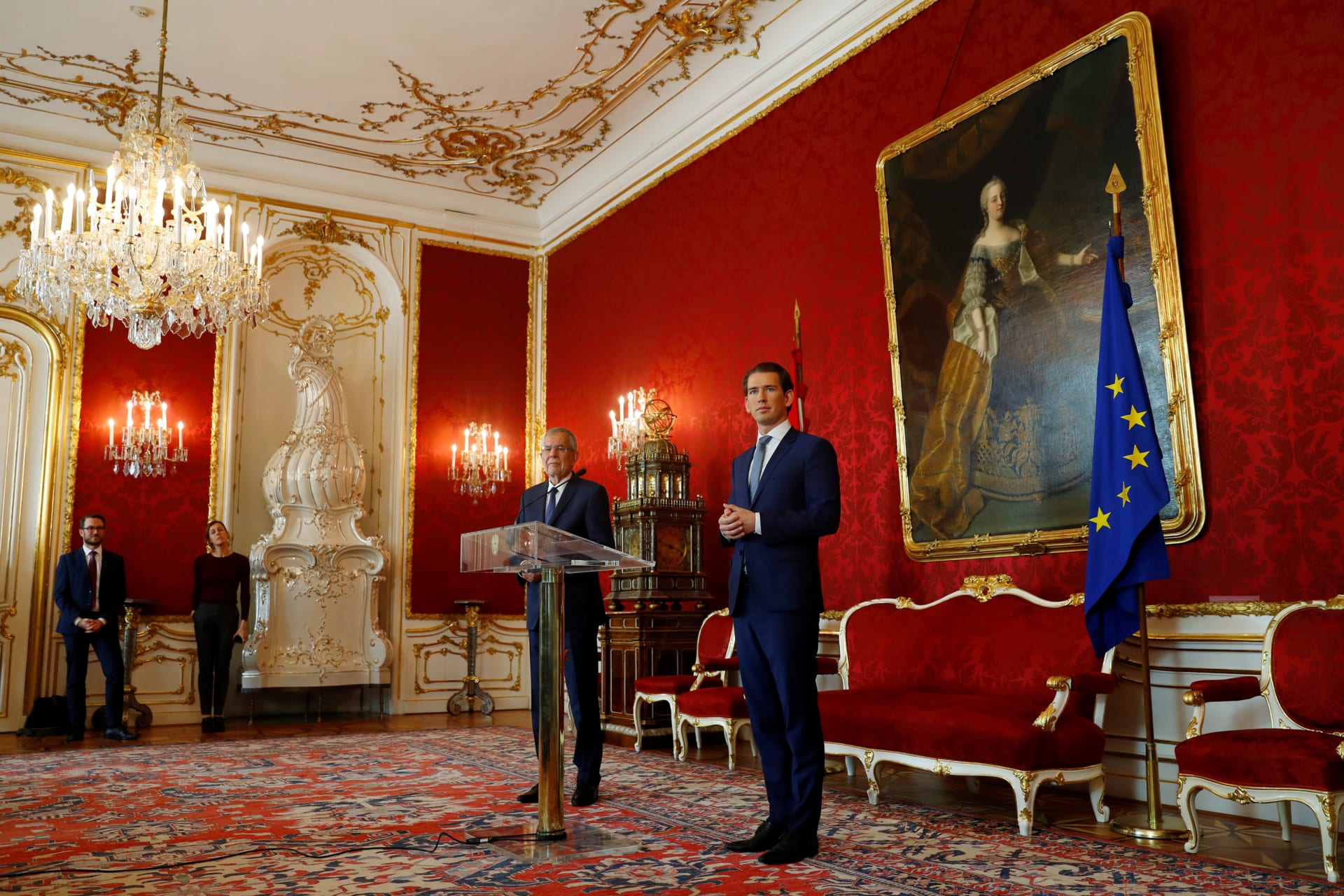 <p>Austrian Chancellor Sebastian Kurz and President Alexander Van der Bellen attend a news conference.</p>
