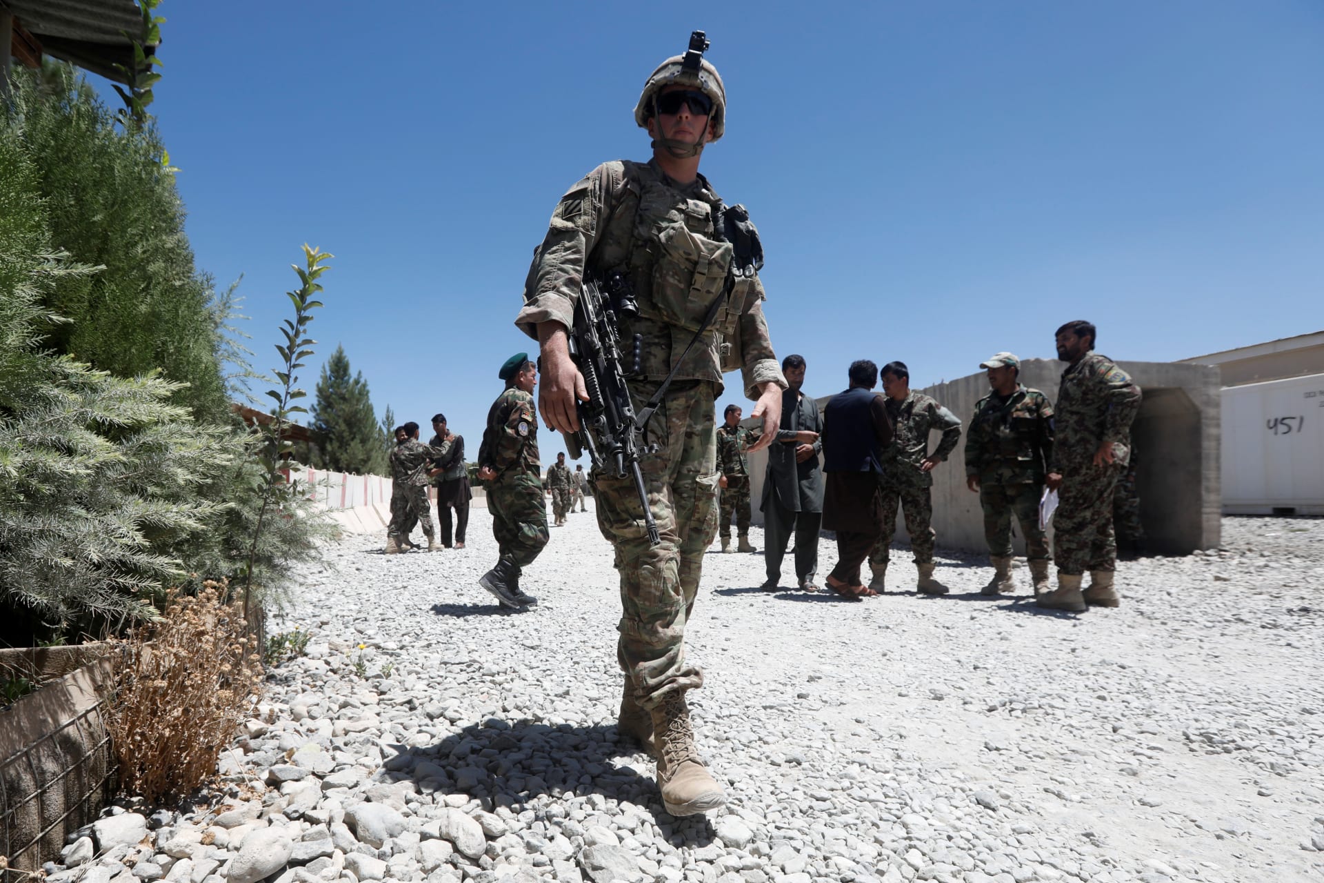 <p>A U.S. soldier keeps watch at an Afghan National Army base in Afghanistan, August 5, 2018.</p>
