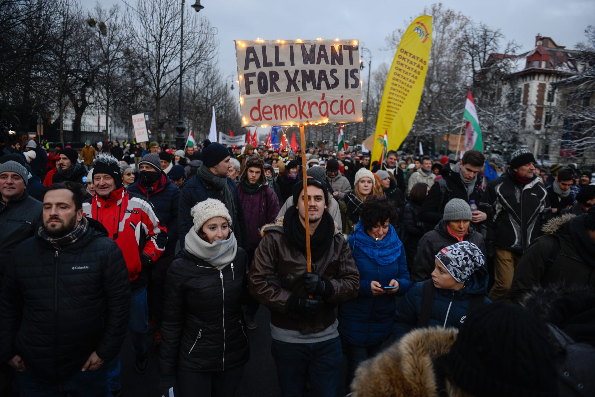 <p>Protesters rally against new laws passed by the right-wing conservative government of Viktor Orban in Budapest, Hungary.</p>
