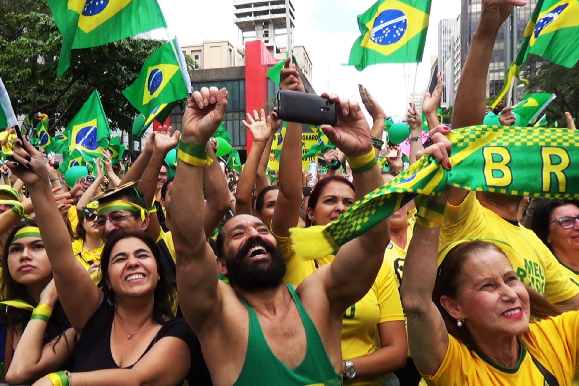 <p>Supporters of far-right presidential candidate, Jair Bolsonaro, attend a demonstration in Sao Paulo, Brazil, on October 24, 2018. </p>
