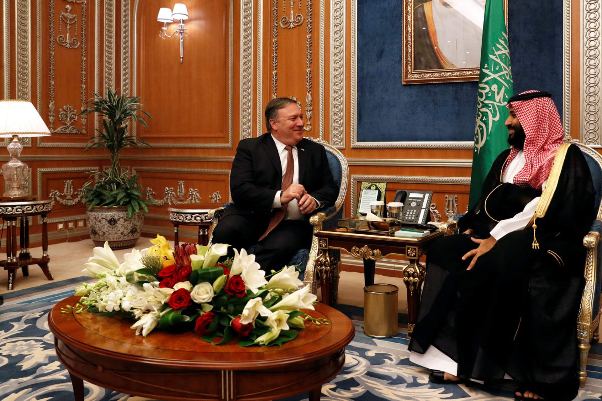 <p>U.S. Secretary of State Mike Pompeo meets with the Saudi Crown Prince Mohammed bin Salman during his visits in Riyadh, Saudi Arabia, October 16, 2018. </p>
