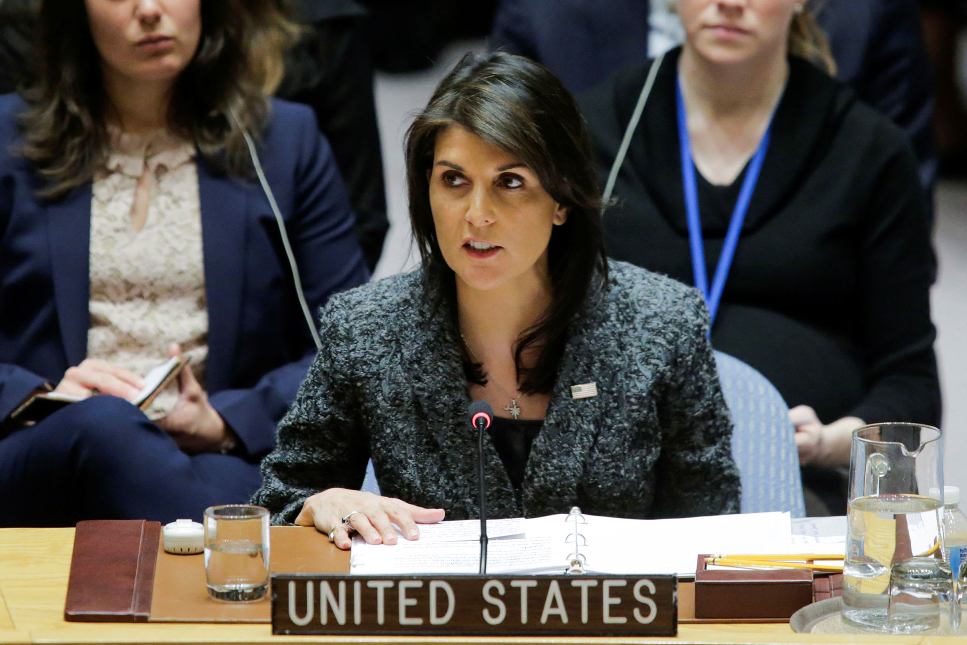 <p>U.S. Ambassador to the United Nations Nikki Haley speaks to members of the United Nations Security Council after voting for ceasefire to Syrian bombing in eastern Ghouta, at the United Nations headquarters in New York, U.S., February 24, 2018.</p>

