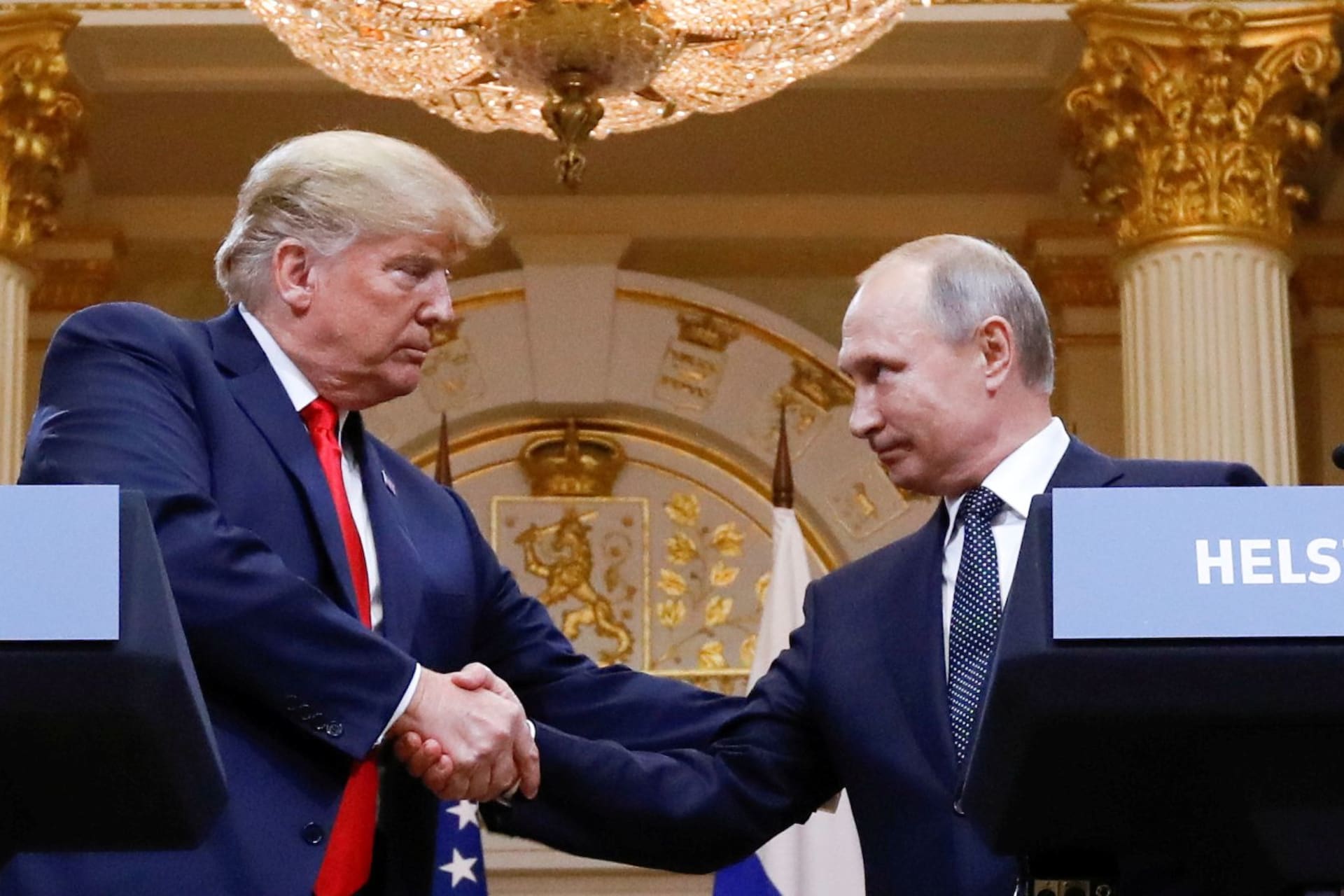 <p>U.S. President Donald Trump and Russian president Vladimir Putin shake hands after their meeting in Helsinki, Finland.</p>