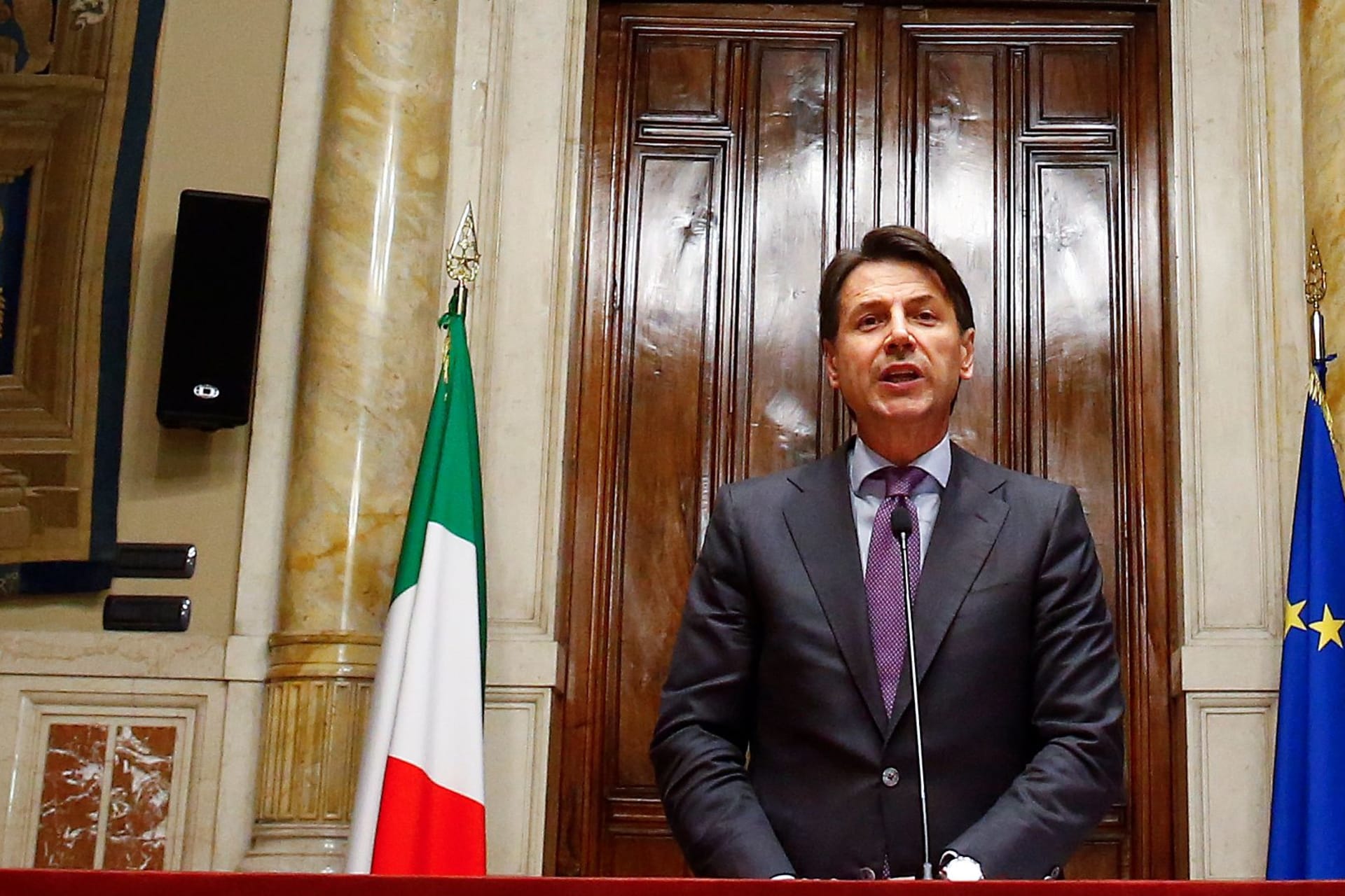 <p>Italy’s newly appointed Prime Minister Giuseppe Conte speaks to the media at the Lower House in Rome.</p>
