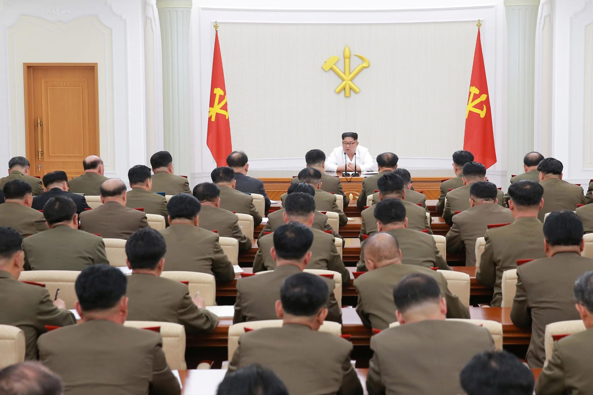 <p>North Korean leader Kim Jong Un speaks during The first enlarged meeting of the 7th Central Military Commission of the Workers’ Party of Korea (WPK), in this undated photo released by North Korea’s Korean Central News Agency.</p>