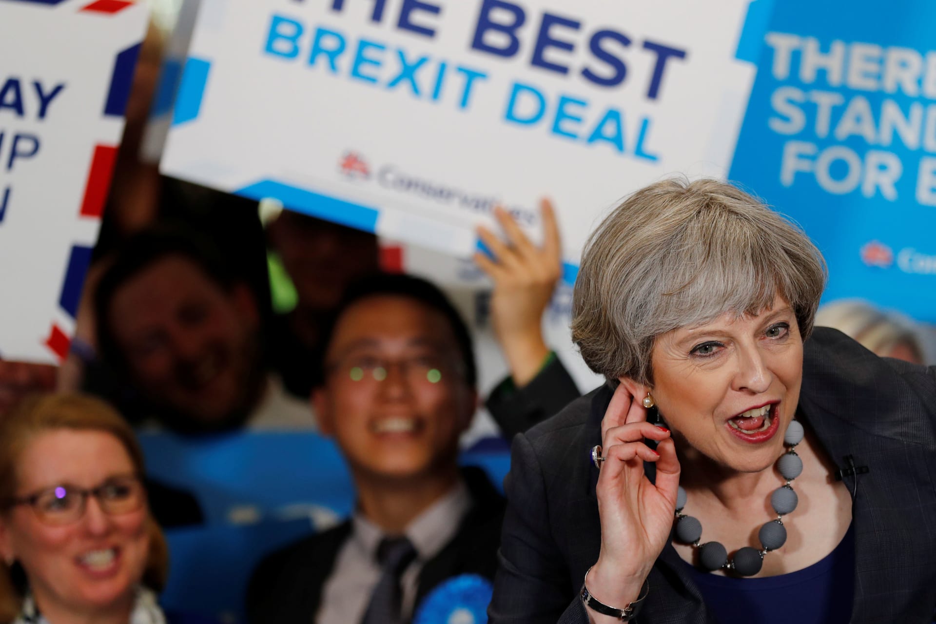 <p>British prime minister Theresa May reacts at a campaign event in Britain on June 1, 2017.</p>
