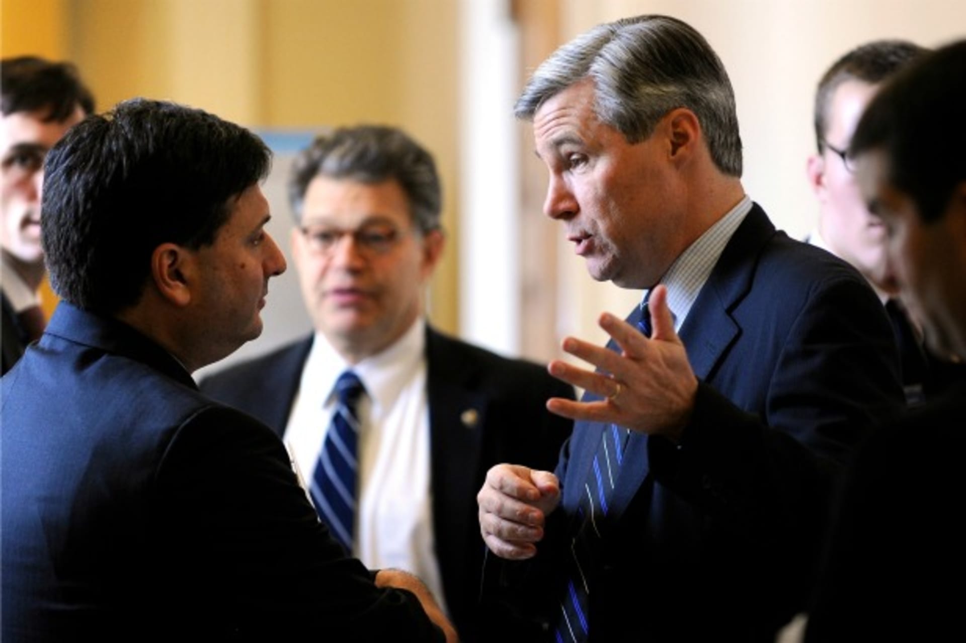<p>U.S. Senator Sheldon Whitehouse (D-RI) (R) talks to Ron Klain (L), Chief of Staff for U.S. Vice President Joe Biden, outside of the senate Democrats’ weekly policy lunch at the U.S. Capitol in Washington on December 8, 2009. </p>