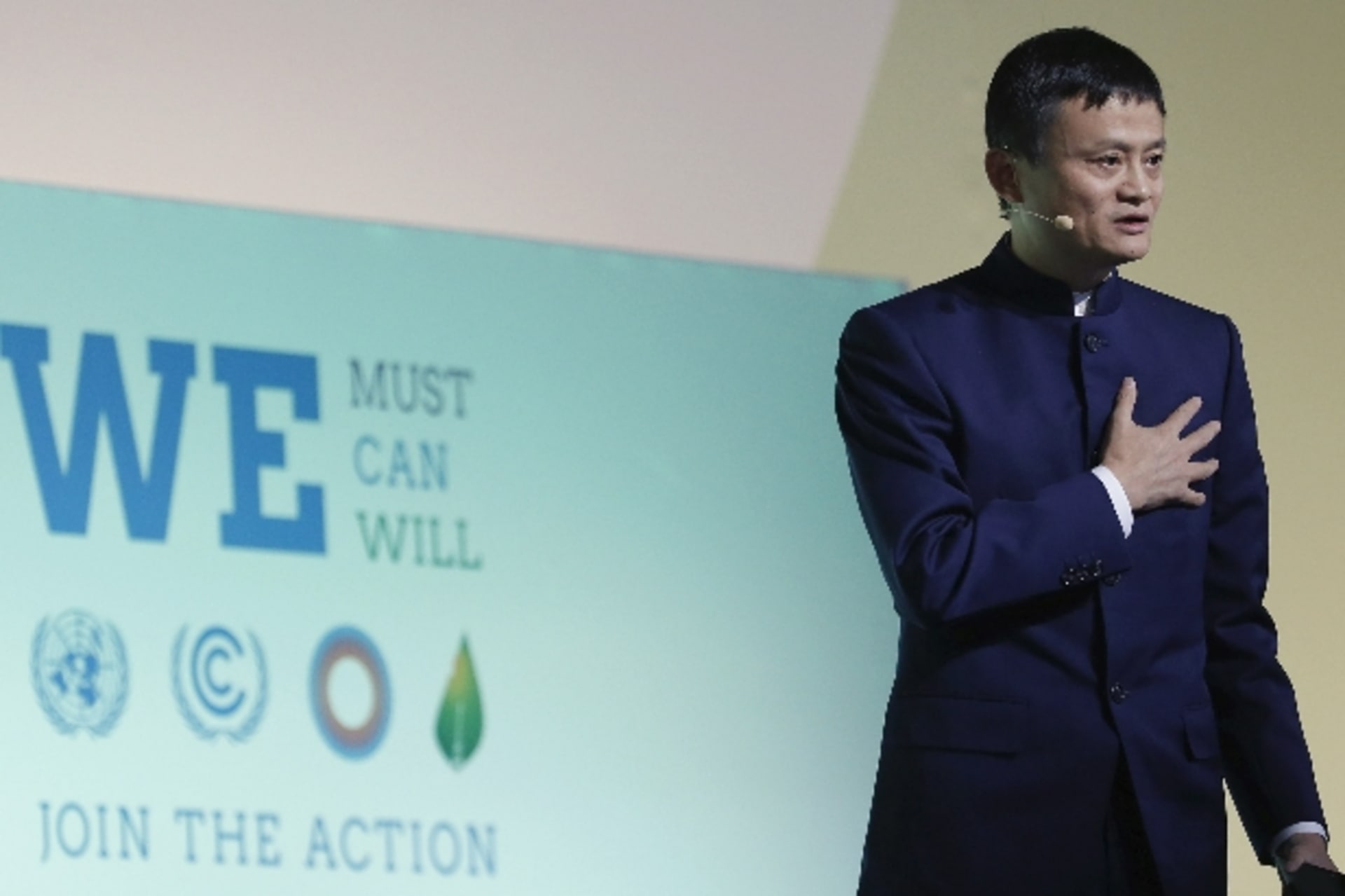 <p>Alibaba Executive Chairman Jack Ma delivers his speech during the World Climate Change Conference 2015 (COP21) at Le Bourget, near Paris, France, December 5, 2015. </p>
