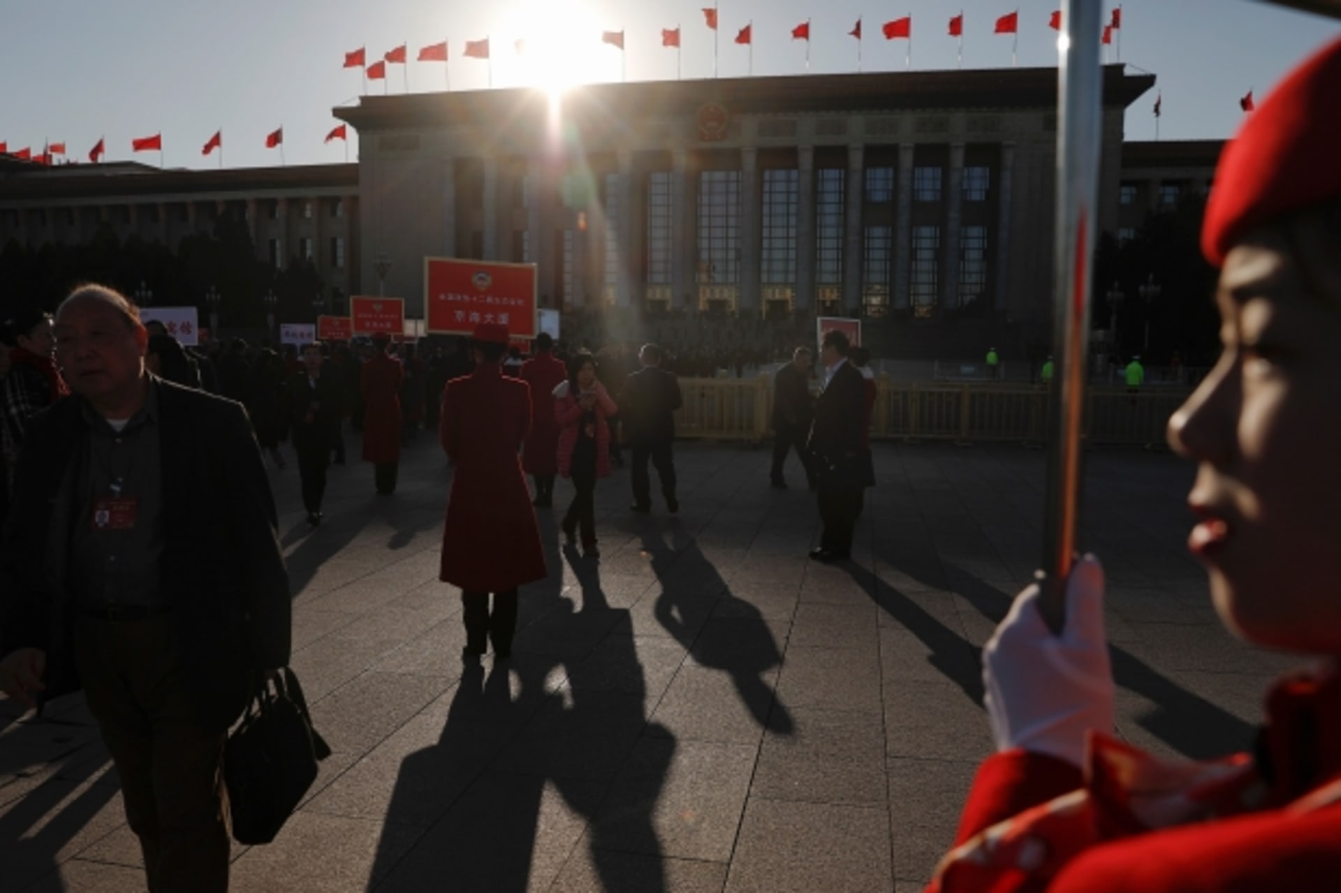 <p>Attendees leave the Great Hall of the People after a plenary session of the Chinese People’s Political Consultative Conference (CPPCC) in Beijing, China, on March 9, 2017. </p>
