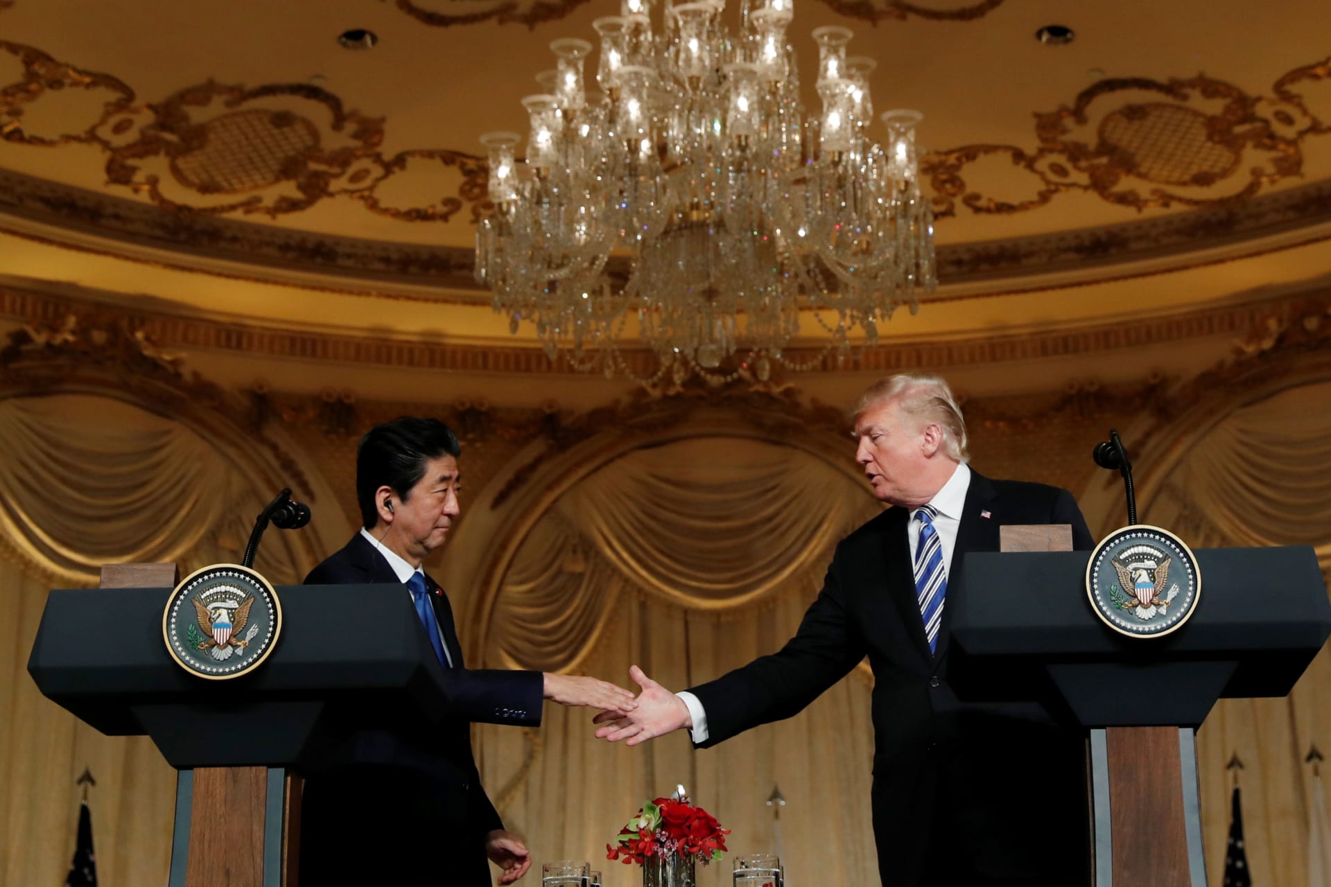 <p>Japanese Prime Minister Shinzo Abe and President Trump hold a joint press conference at Mar-a-Lago.</p>