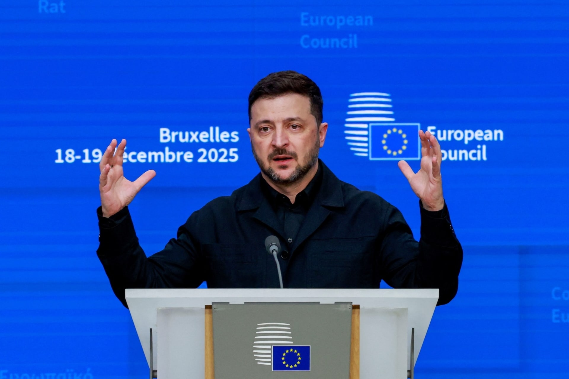 <p>Ukrainian President Volodymyr Zelenskiy attends a press conference on the day of the European Union leaders’ summit in Brussels, Belgium, December 18, 2025. </p>
