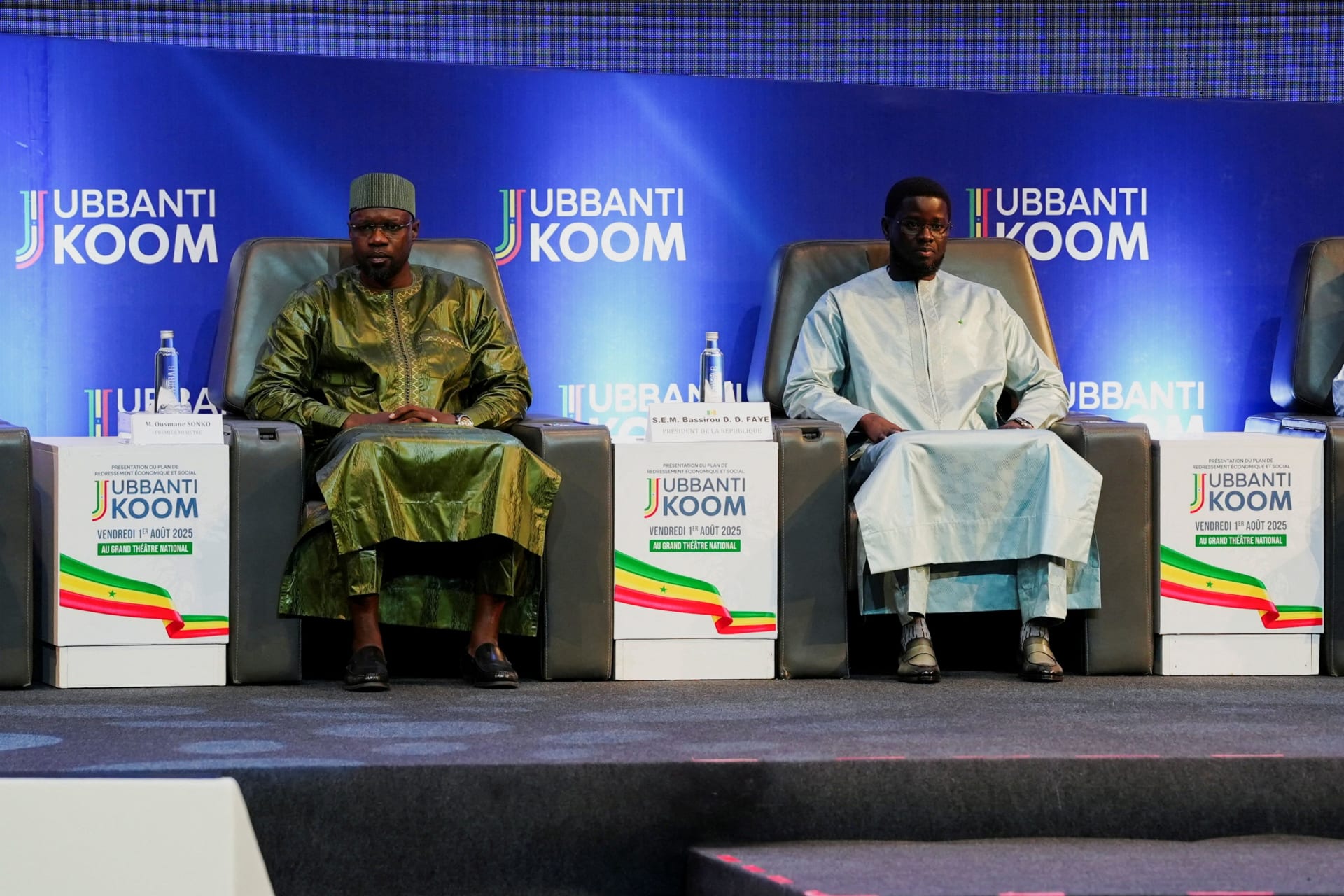 <p>Senegal’s Prime Minister Ousmane Sonko sits with Senegal’s President Bassirou Diomaye Faye, on the day he presents an economic recovery plan that will be implemented without incurring additional debt in Dakar, Senegal on August 1, 2025. </p>
