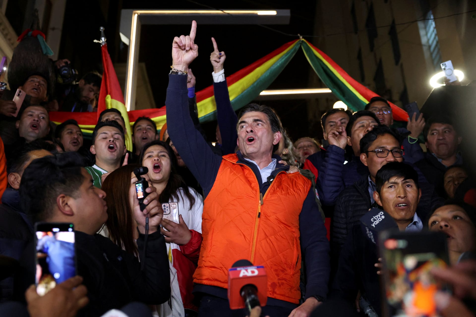 Bolivian Presidential Candidate Senator Rodrigo Paz reacts to early first round election results