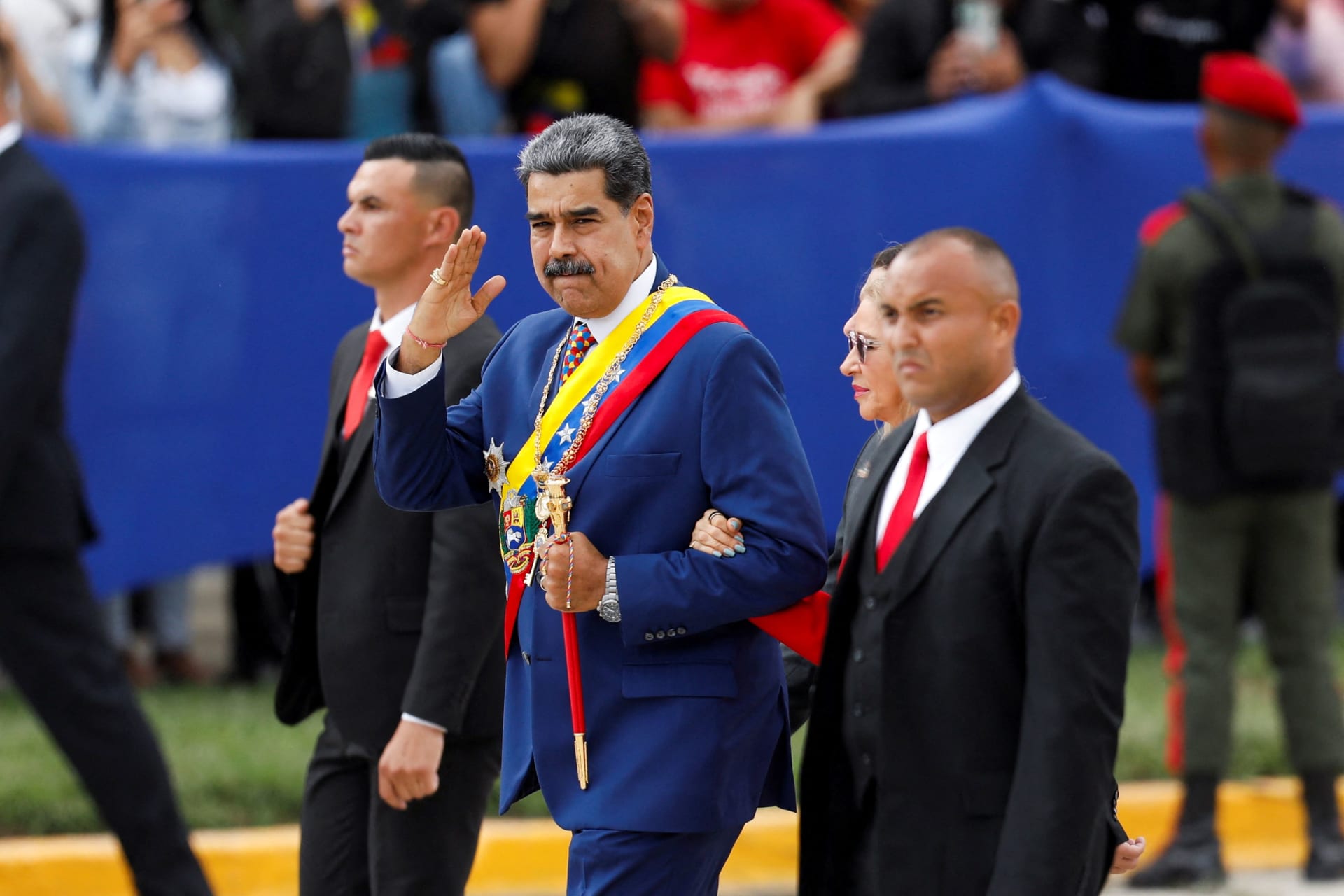 Venezuela's Authoritarian Leader Nicolas Maduro walks in a military parade in Caracas, Venezuela