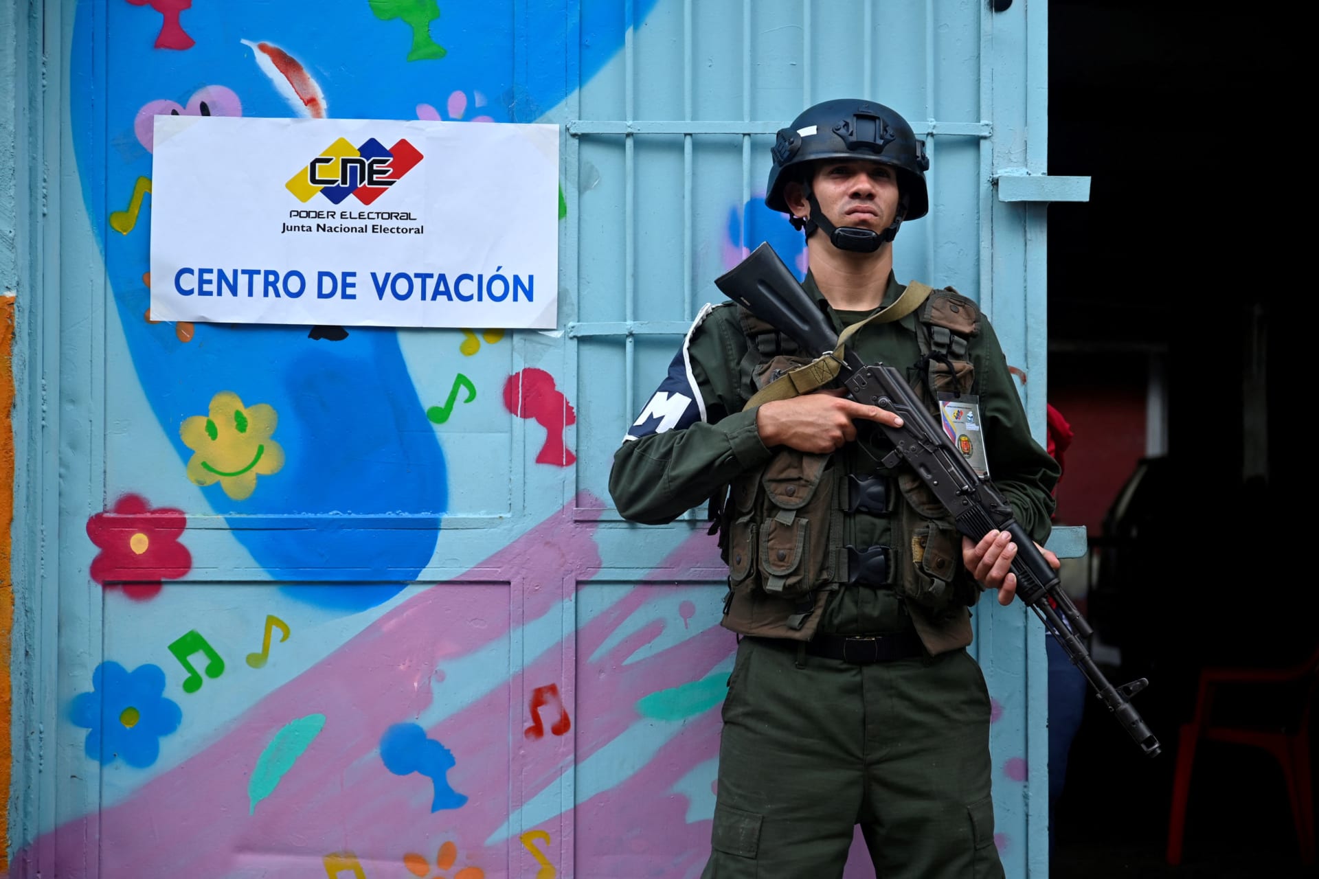A soldier guards at a polling station during Venezuela's parliamentary elections in Caracas