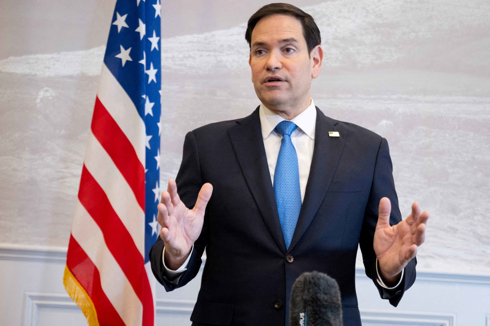 <p>U.S. Secretary of State Marco Rubio speaks to the media during a refueling stop at Shannon Airport in Shannon, Ireland, March 12, 2025, as he travels from talks with Ukraine in Saudi Arabia to attending a G7 Foreign Ministers meeting in Canada.</p>

