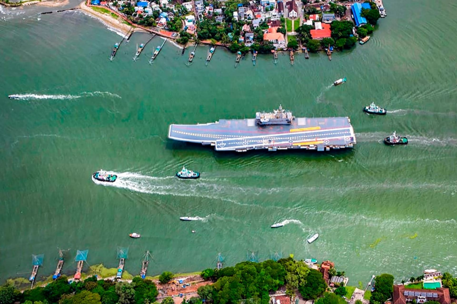 <p>An Indian Navy aircraft carrier leaves Kochi, India, for sea trials in August 2022.</p>

