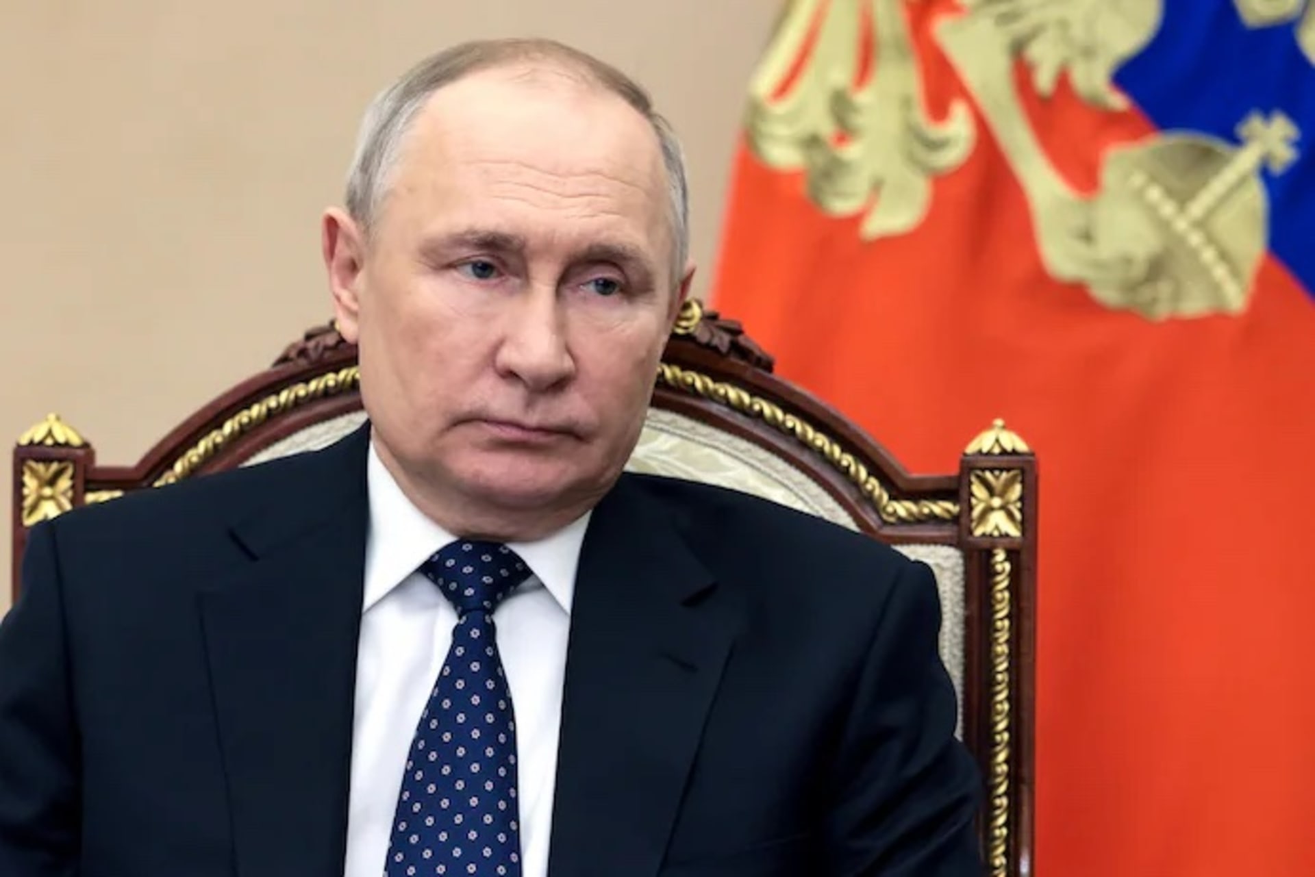 <p>Russian President Vladimir Putin chairs a meeting via videoconference from the Novo-Ogaryovo residence outside Moscow on March 3.</p>
