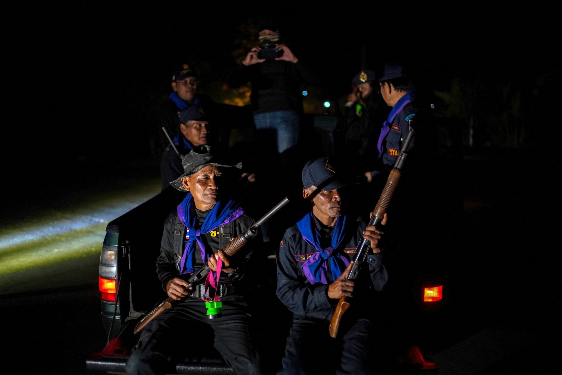 <p>Village security volunteers patrol a village amid deadly clashes between Thailand and Cambodia along a disputed border area, in Buriram province, Thailand, on December 9, 2025.</p>
