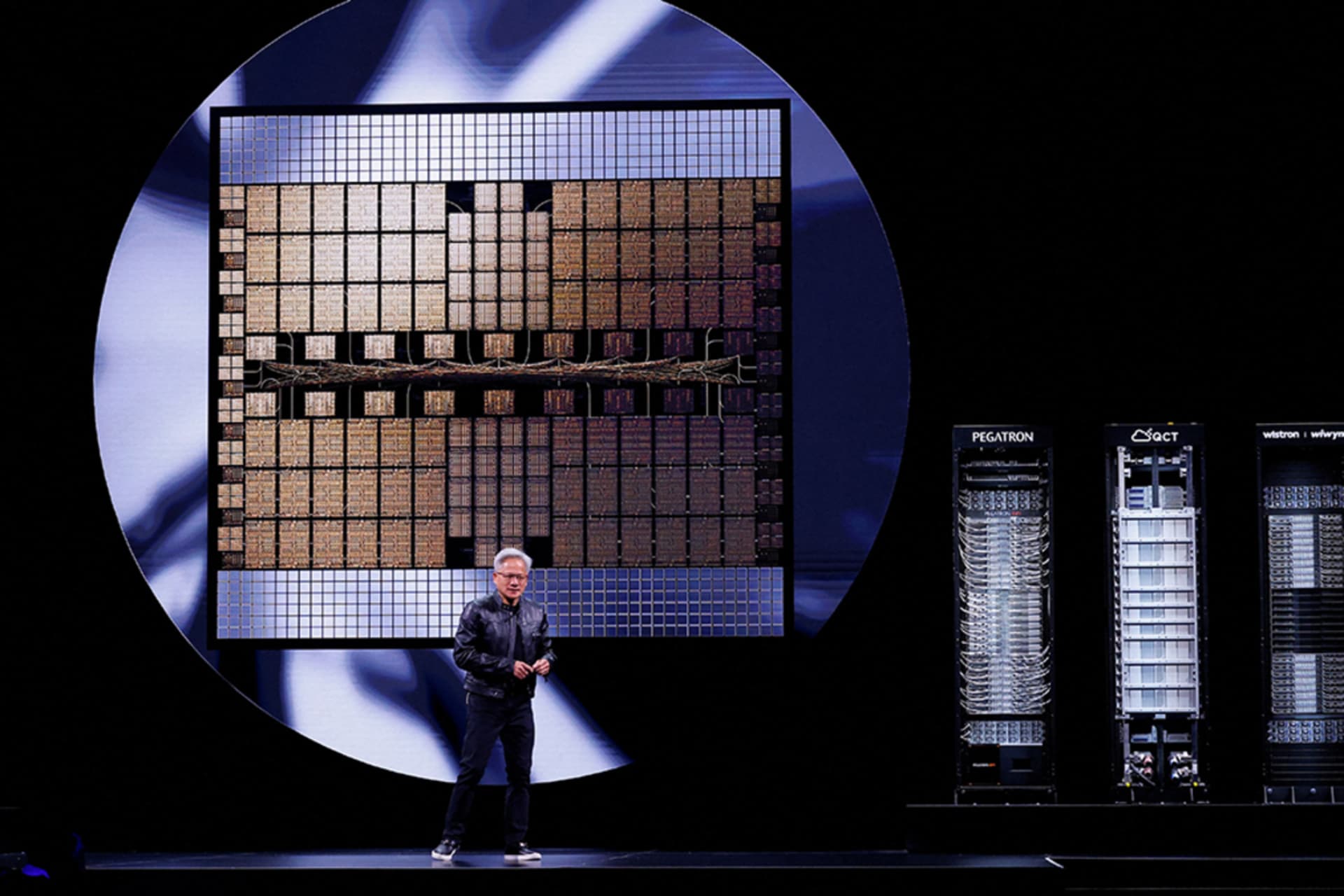 <p>Nvidia CEO Jensen Huang makes a keynote speech at Computex in Taipei, Taiwan, May 19, 2025.</p>

