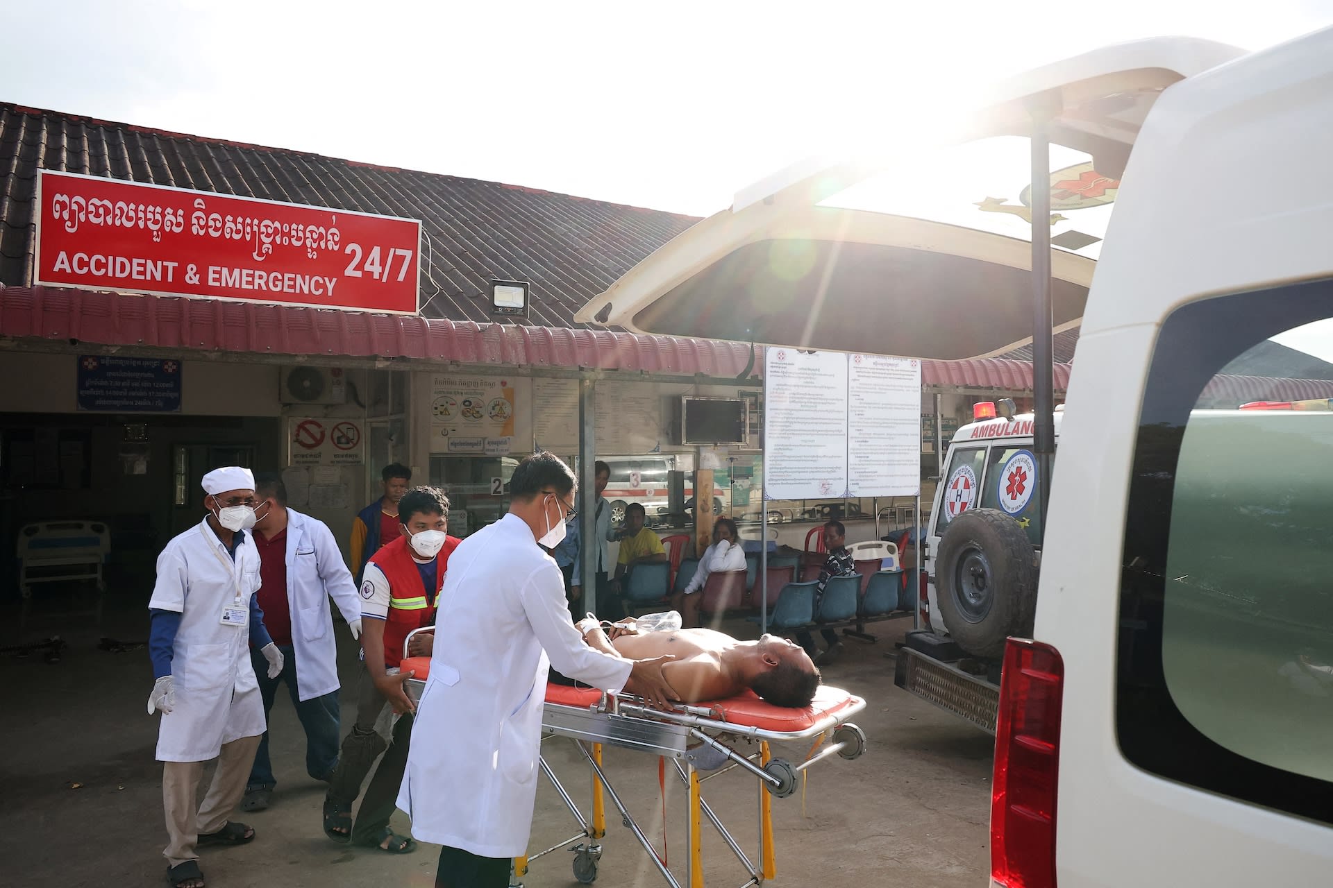 <p>A Cambodian soldier injured from the frontline gets into an ambulance at Ou Chrov Referral hospital, amid clashes between Thailand and Cambodia along a disputed border area, in Ou Chrov district, Banteay Meanchey Province, Cambodia, December 14, 2025.</p>