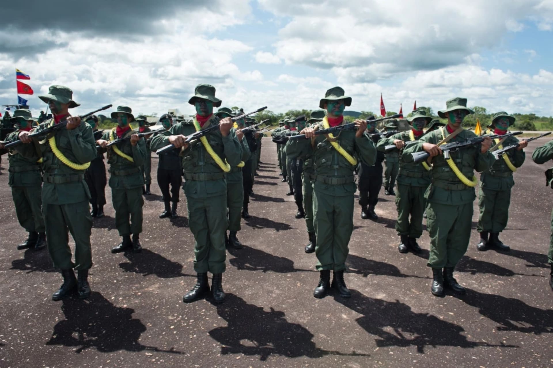 <p>Members of the Venezuelan army take part in a military parade in Tumeremo, Bolívar state, Venezuela, about 56 miles from the border with Guyana, on July 21, 2015</p>