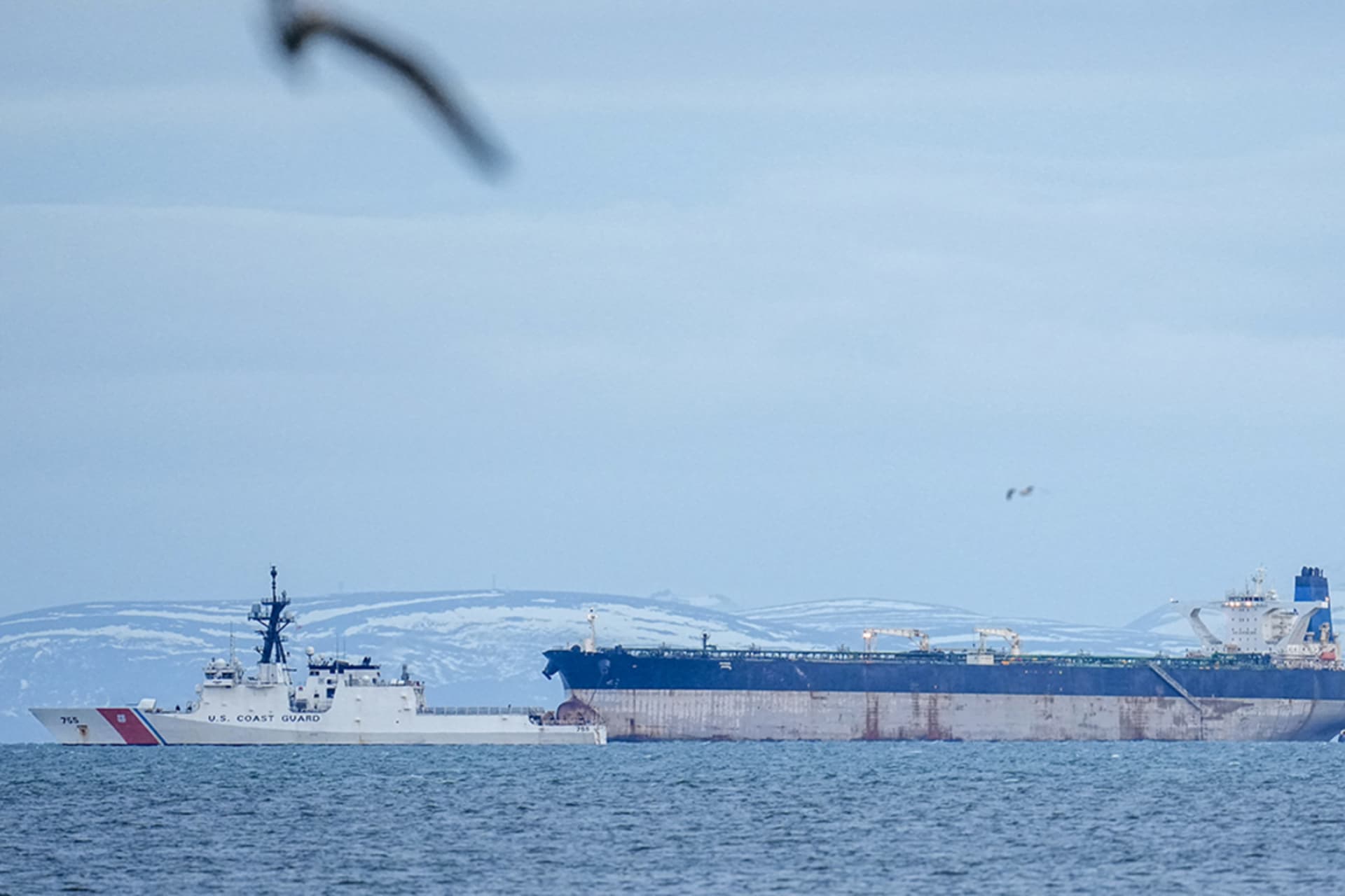 <p>A U.S. Coast Guard ship accompanies the Marinera oil tanker on January 14, 2026, in Burghead, Scotland. </p>

