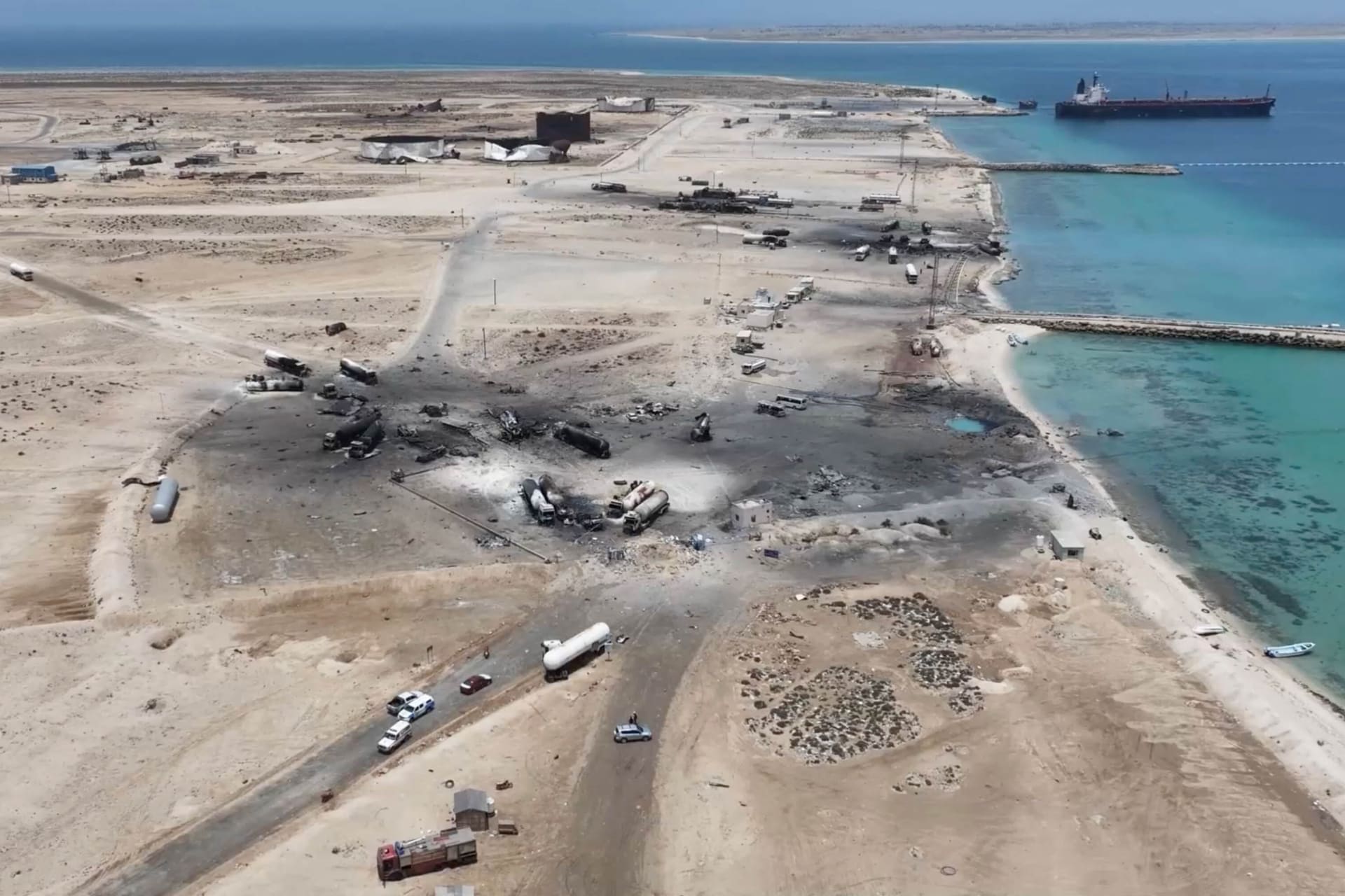 <p>A drone view of the aftermath of a U.S. strike on the Ras Isa fuel port, Al Jazirah, Yemen, April 18, 2025. </p>
