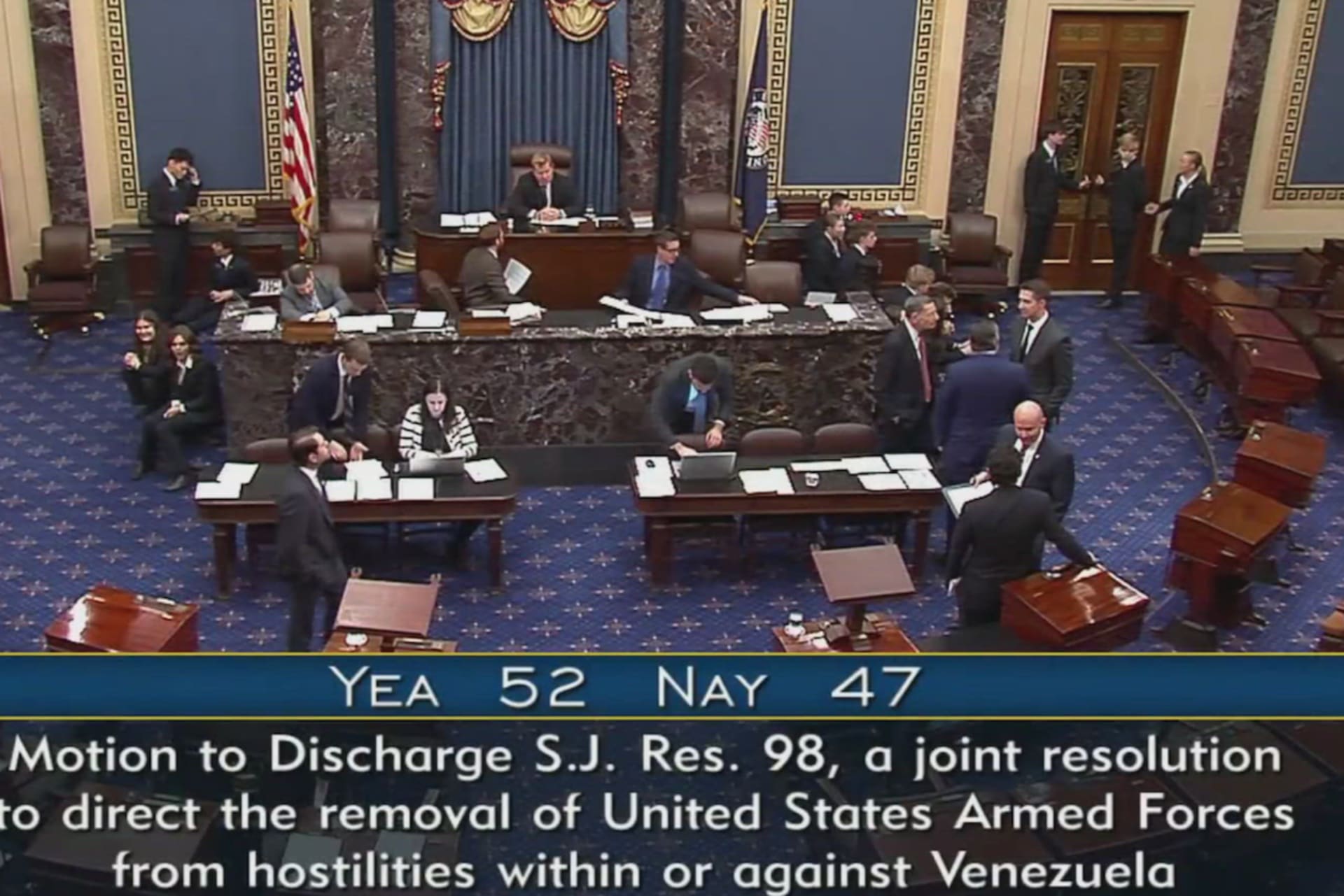 <p>The final count of the Senate vote on S.J. Resolution 98 under the War Powers Act on January 8, 2026.</p>
