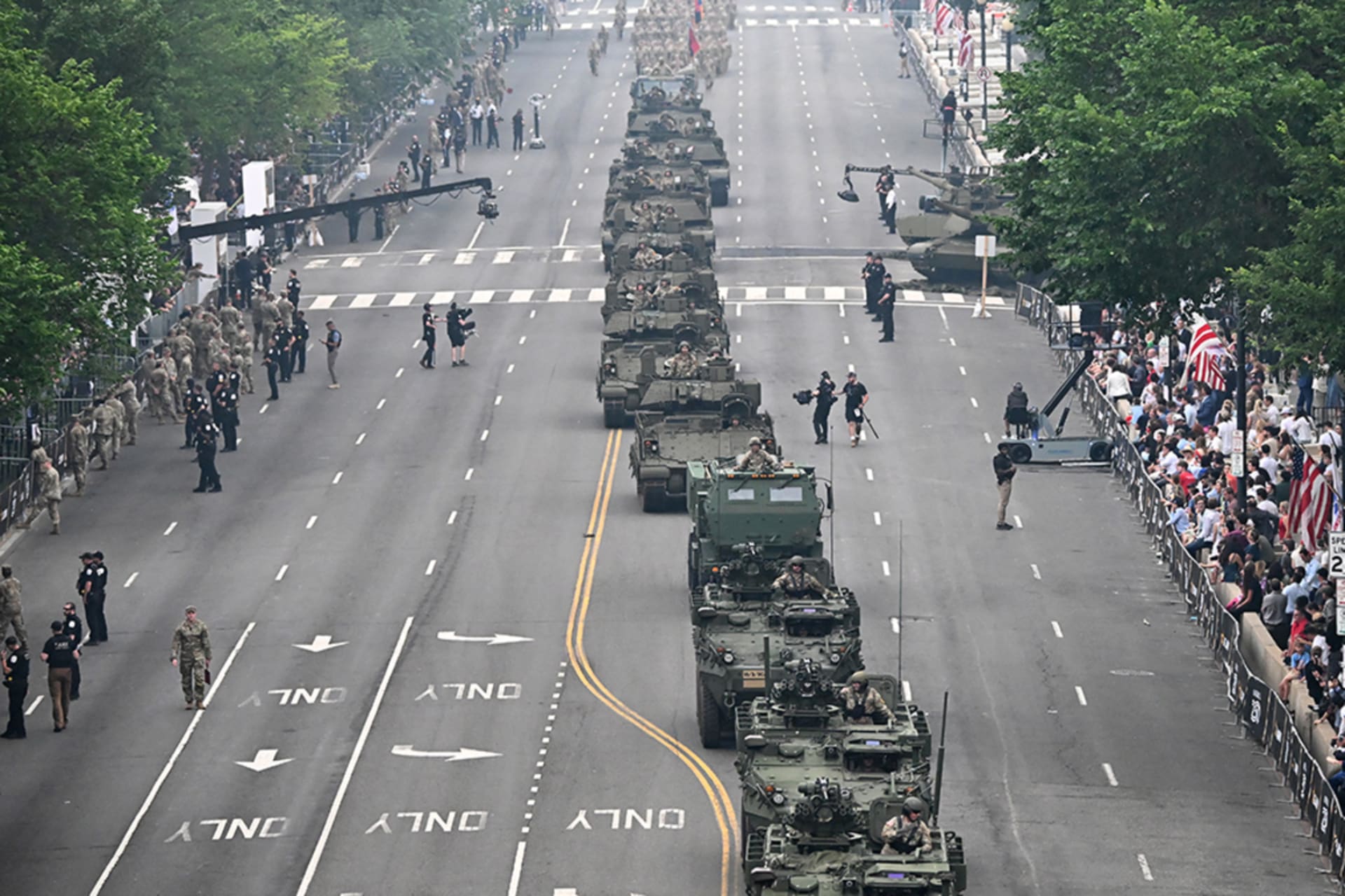 <p>Armored vehicles drive down the avenue during the Army 250th Anniversary Parade in Washington, DC, on June 14, 2025. </p>
