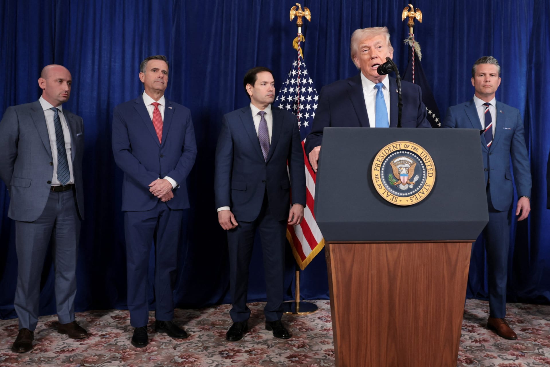 <p>U.S. President Donald Trump speaks as senior officials look on during a press conference following a U.S. strike on Venezuela where President Nicolas Maduro was captured, from Trump’s Mar-a-Lago club in Palm Beach, Florida, on January 3, 2026.</p>
