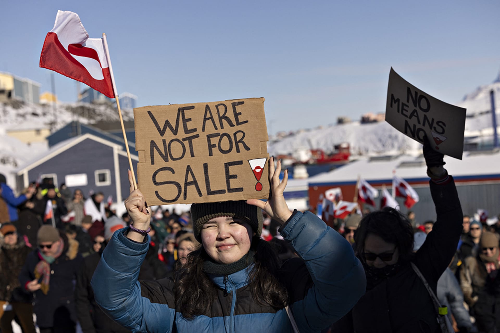 <p>A protester participates in a demonstration in front of the U.S. Consulate in Nuuk, Greenland, March 15, 2025.</p>
