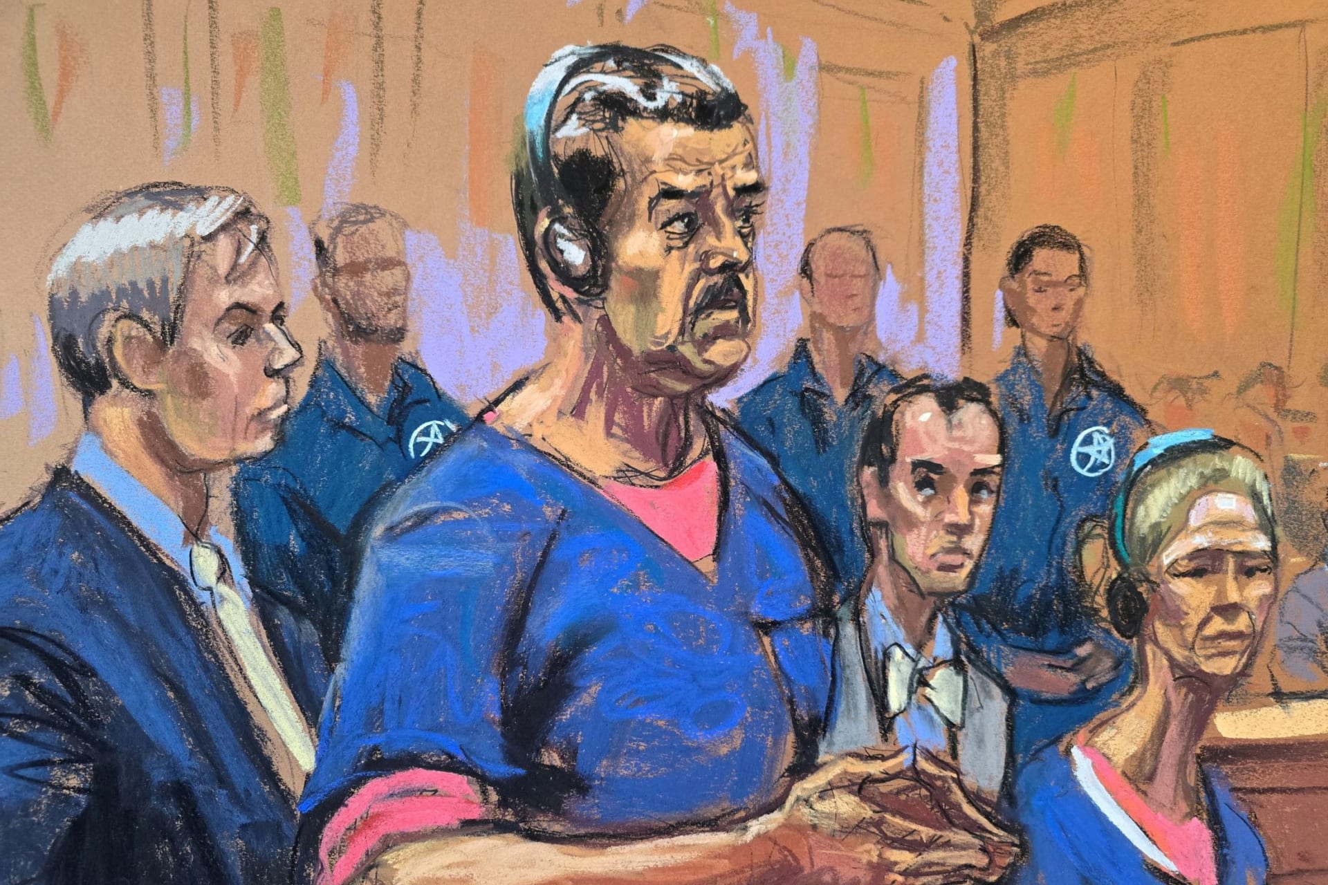 Court sketch of Nicolas Maduro and his wife attending their trial