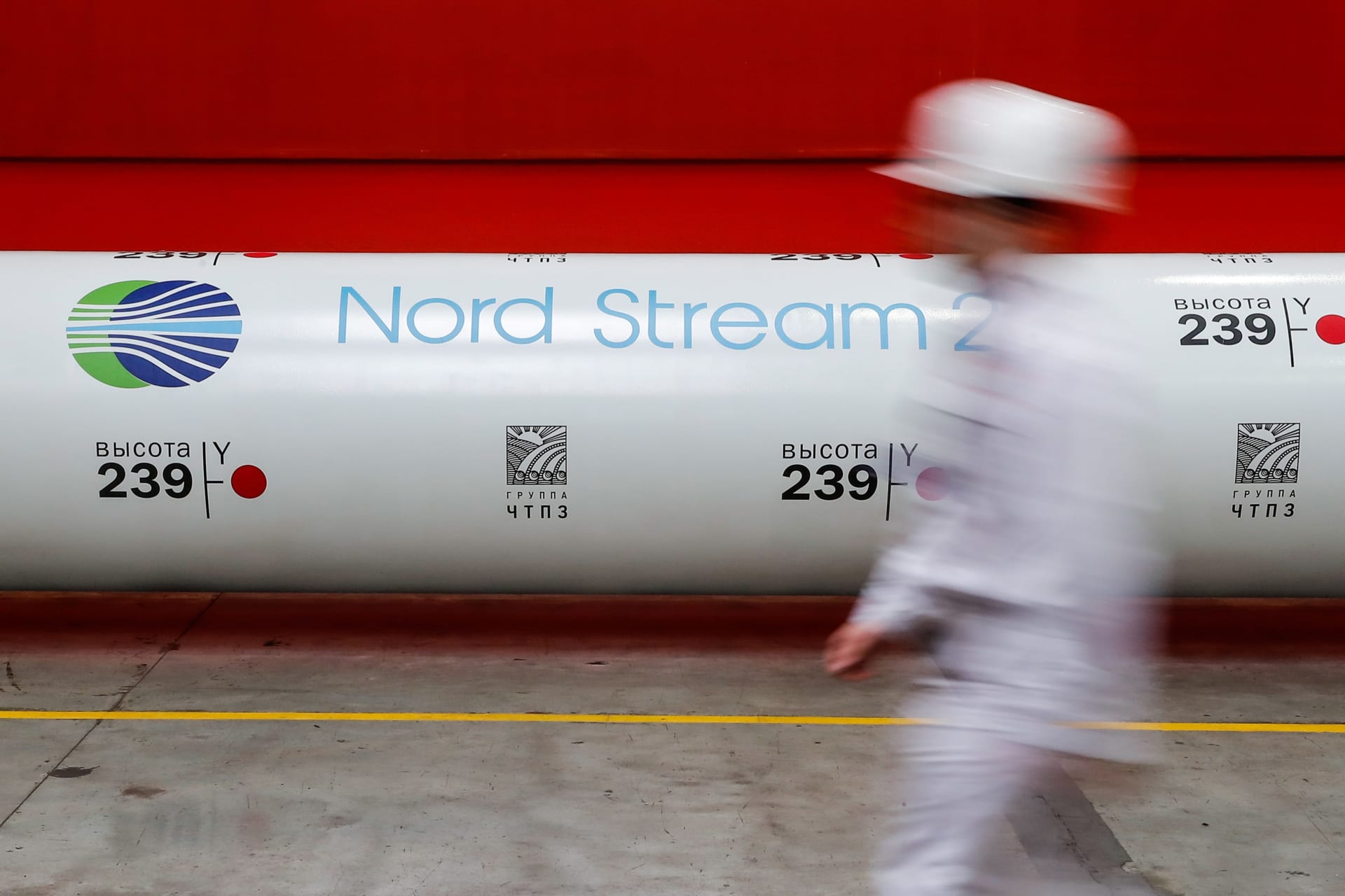 <p>The logo of the Nord Stream 2 gas pipeline project is seen on a large diameter pipe at Chelyabinsk Pipe Rolling Plant owned by ChelPipe Group in Chelyabinsk, Russia. February 26, 2020.</p>
