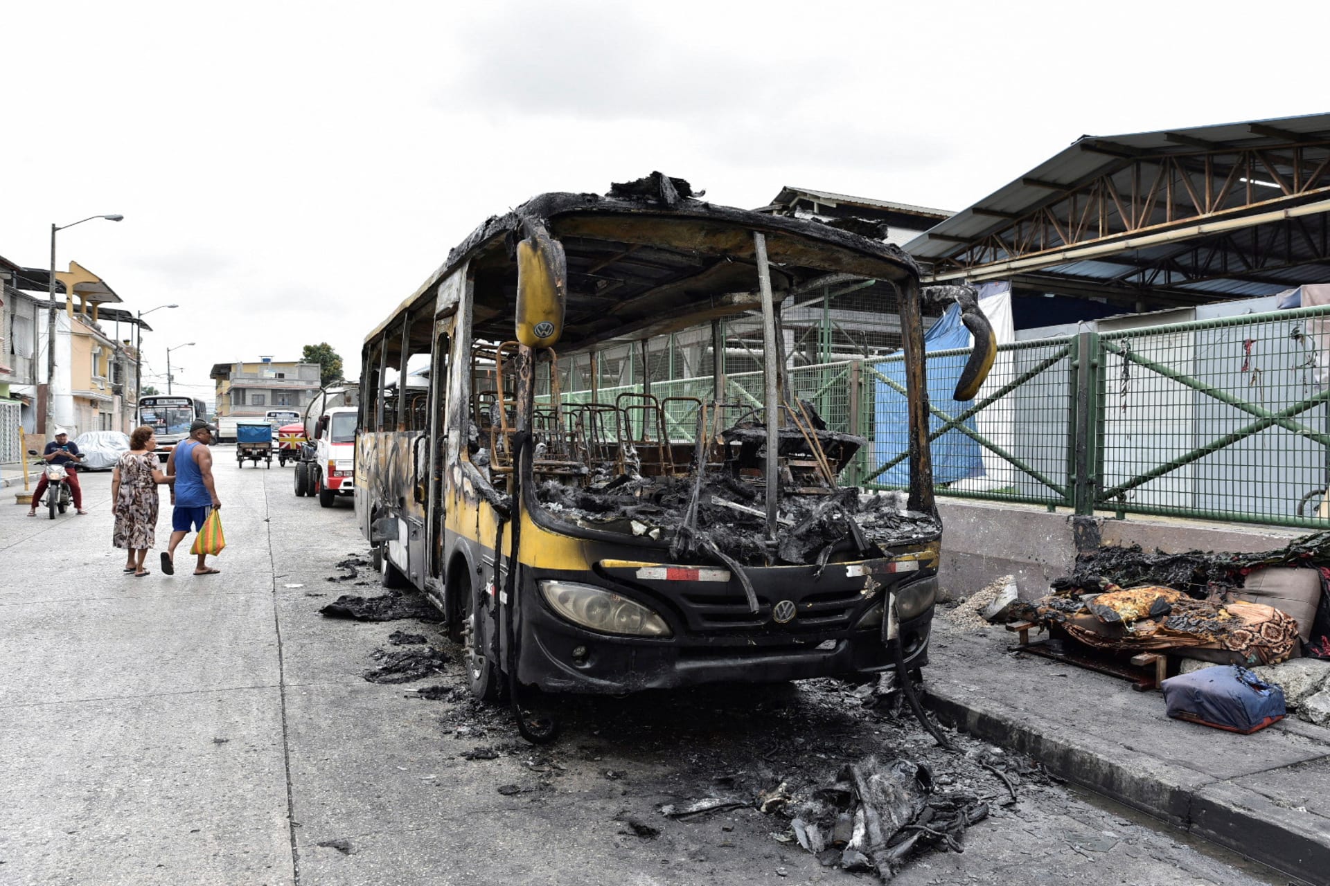 Photo of burned bus in Guayaquil after Ecuador's President Daniel Noboa declared a 60-day state of emergency