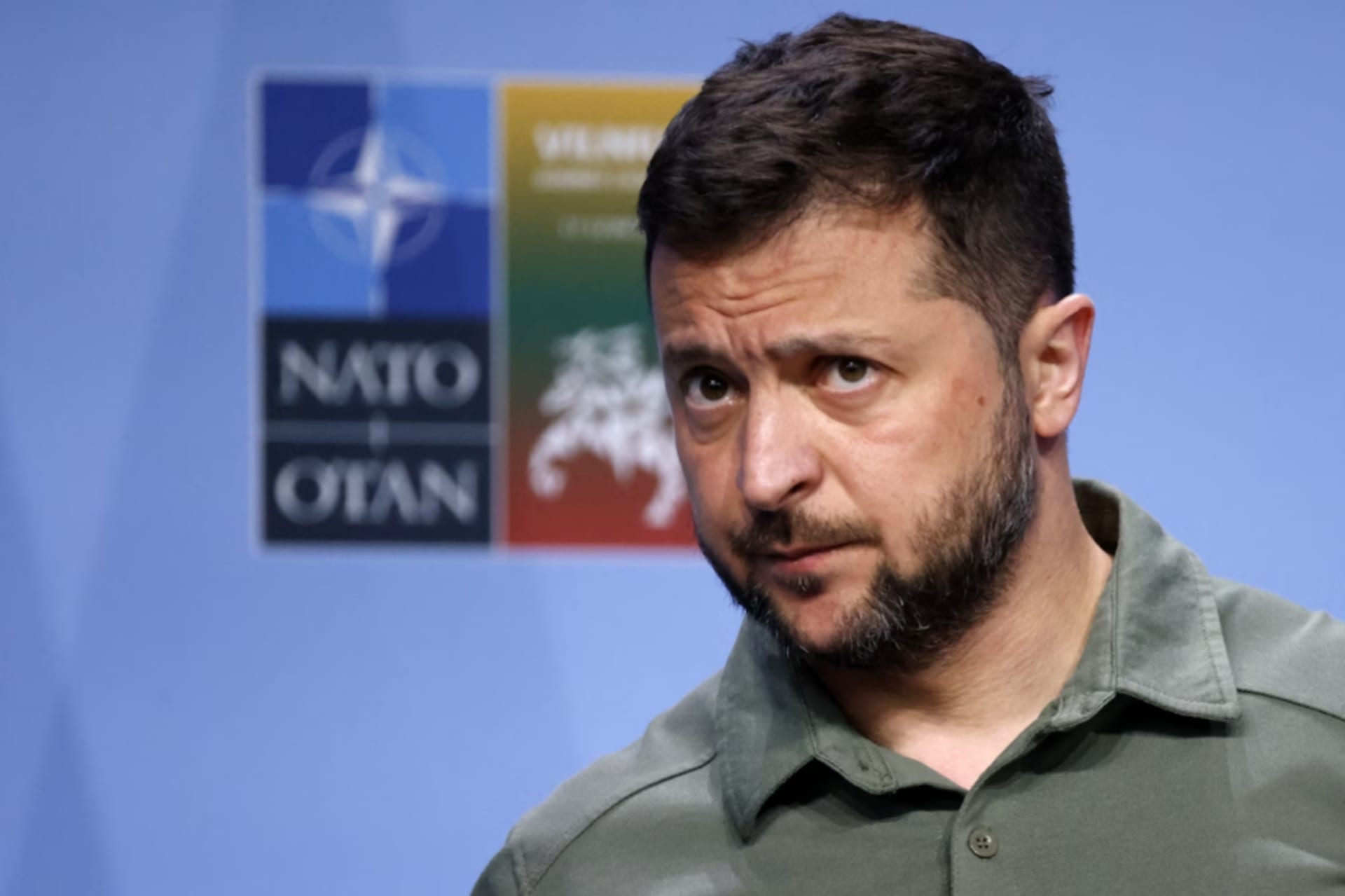 <p>Ukraine’s President Volodymyr Zelensky holds a press conference during the NATO Summit in Vilnius on July 12, 2023. </p>
