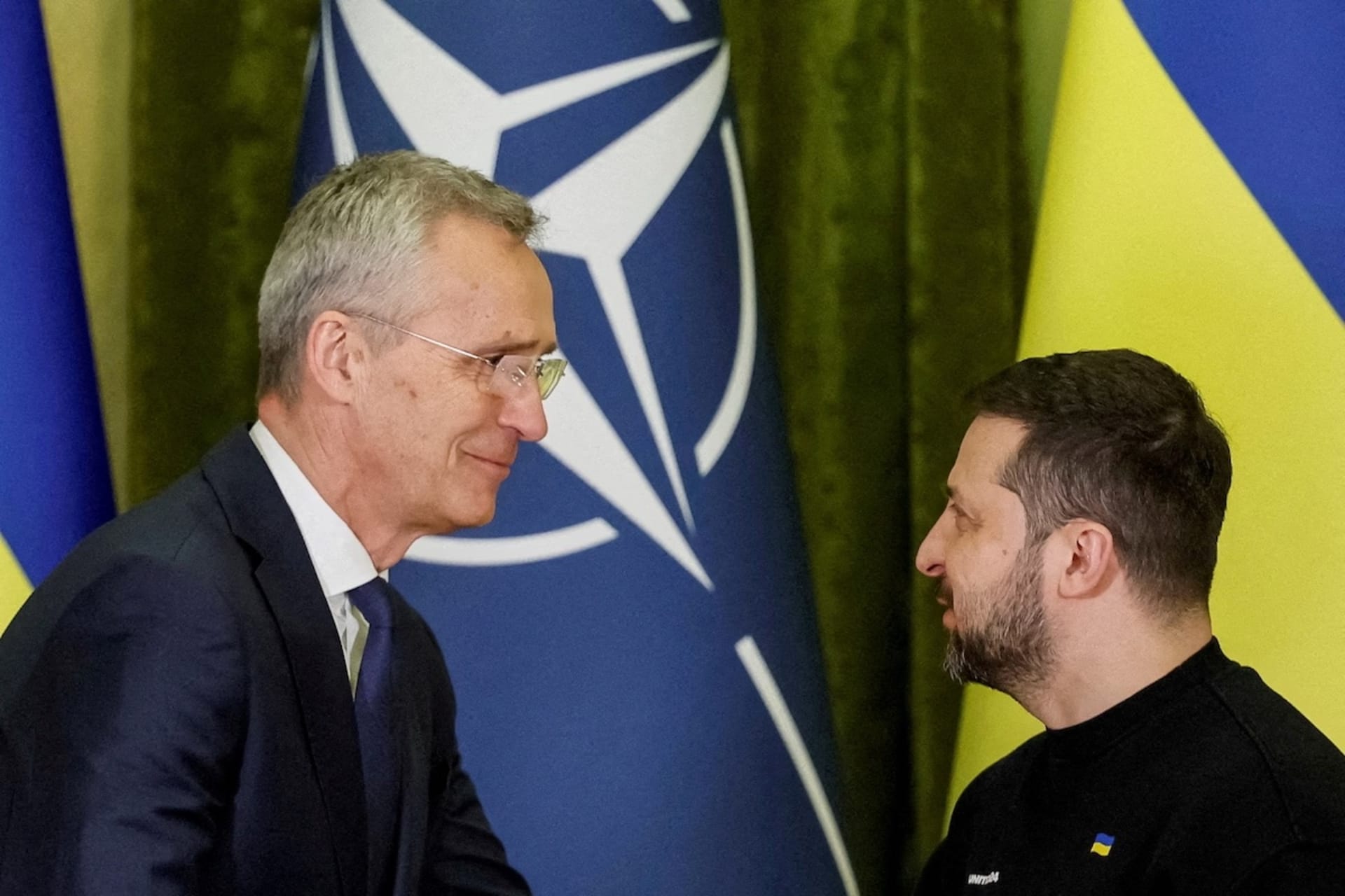 <p>NATO Secretary General Jens Stoltenberg and Ukrainian President Volodymyr Zelensky in Kyiv on April 2. </p>
