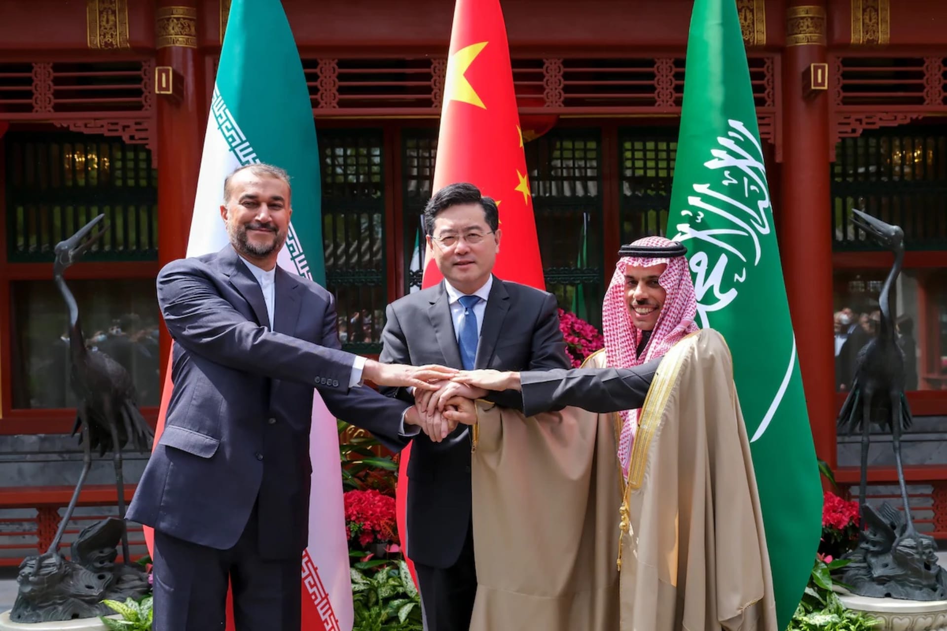 <p>Iranian Foreign Minister Hossein Amirabdollahian, left, is shown with his Saudi counterpart, Prince Faisal bin Farhan al-Saud, right, and Chinese counterpart, Qin Gang, in Beijing on April 6.</p>
