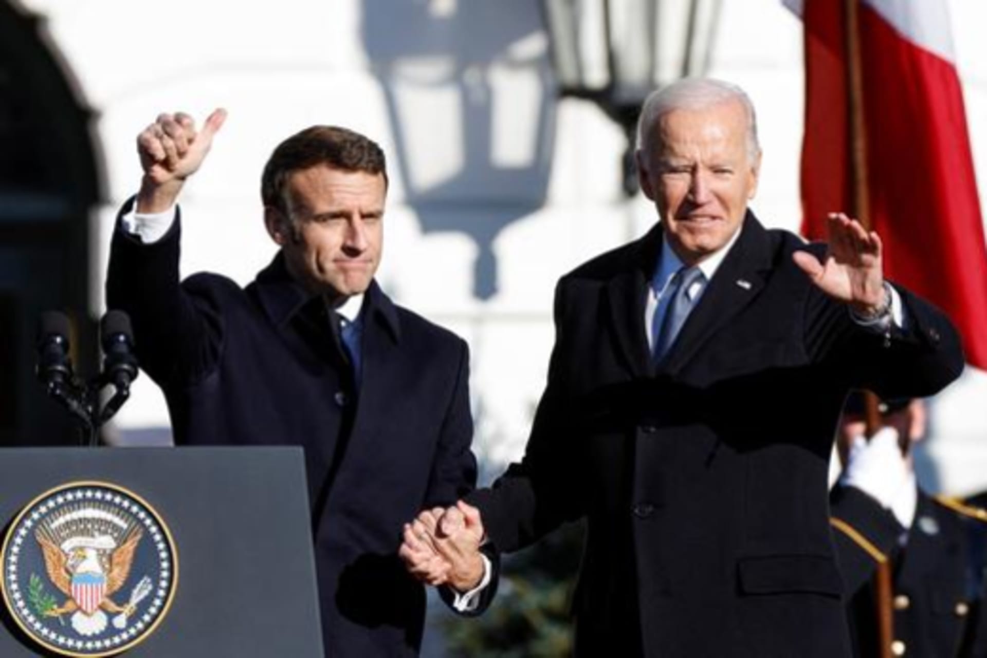 <p>Macron and Biden stand together during an official State Arrival Ceremony.</p>