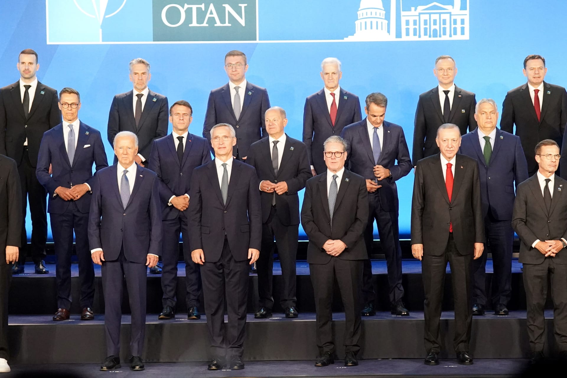 <p>Britain’s Prime Minister Sir Keir Starmer joins US President Joe Biden and Nato Secretary General Jens Stoltenberg and other NATO leaders for a family photograph at the NATO 75th anniversary summit at the Walter E. Washington Convention Center, in Washing</p>
